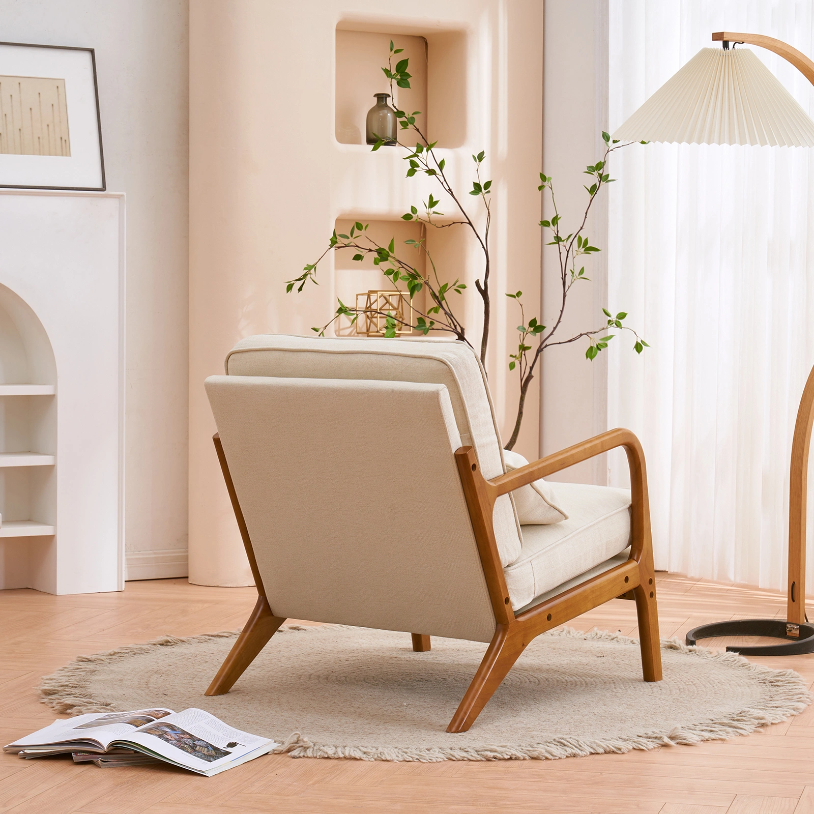 Oak Upholstered Single Lounge Chair with Oak Frame - Indoor Accent Chair, Off-White view 32