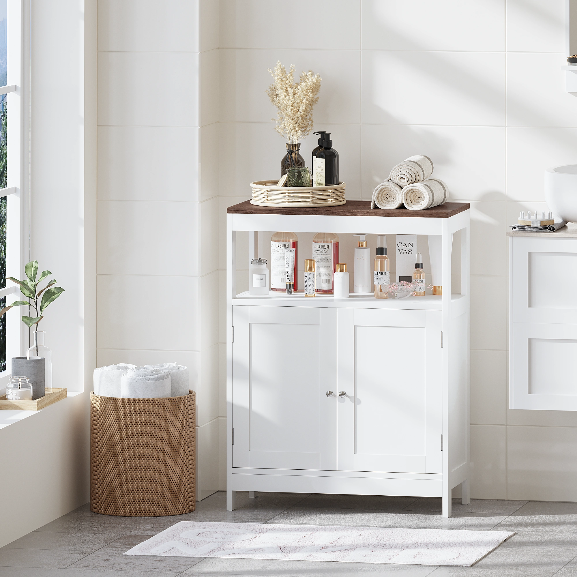 Modern White Storage Cabinet with Double Doors, Free-Standing Organizer with Adjustable Shelf & Natural Wood Top - Multi-Purpose for Bathroom, Kitchen, Entryway, Living Room