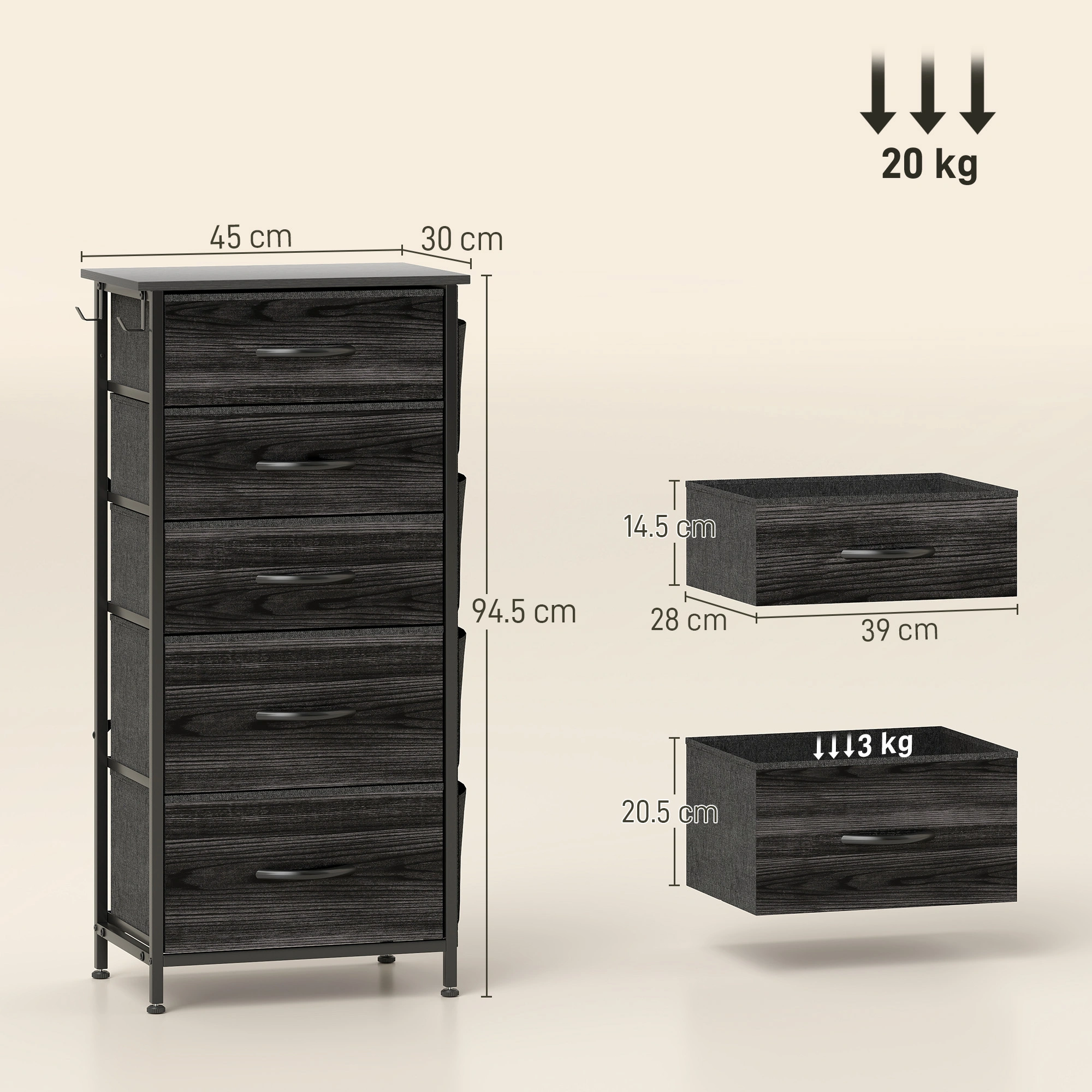 5-Drawer Wooden Storage Tower - Light Walnut Finish Hallway Organizer, Tall Narrow Chest with Smooth Glide Drawers, Modern Entryway view 2