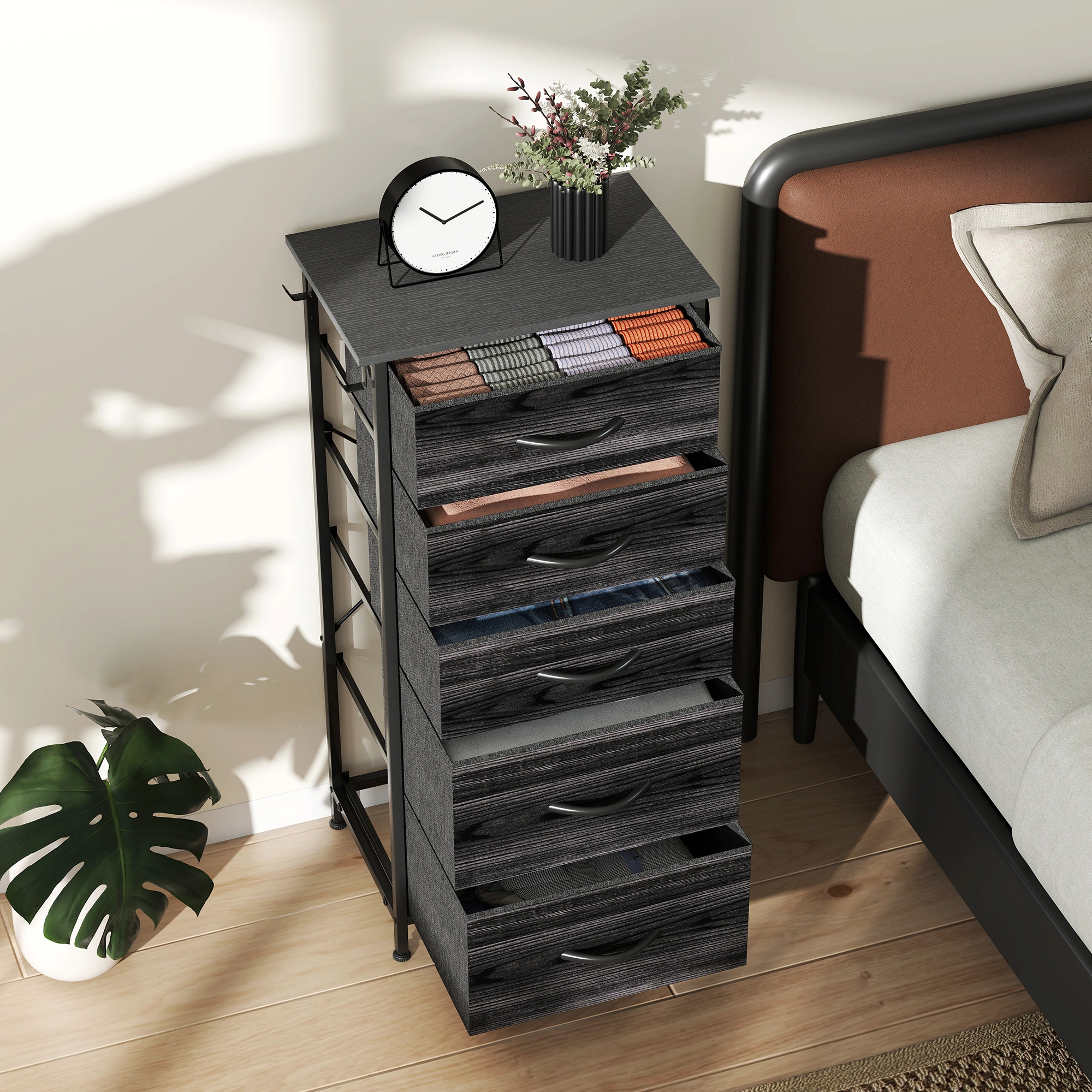 5-Drawer Wooden Storage Tower - Light Walnut Finish Hallway Organizer, Tall Narrow Chest with Smooth Glide Drawers, Modern Entryway view 5