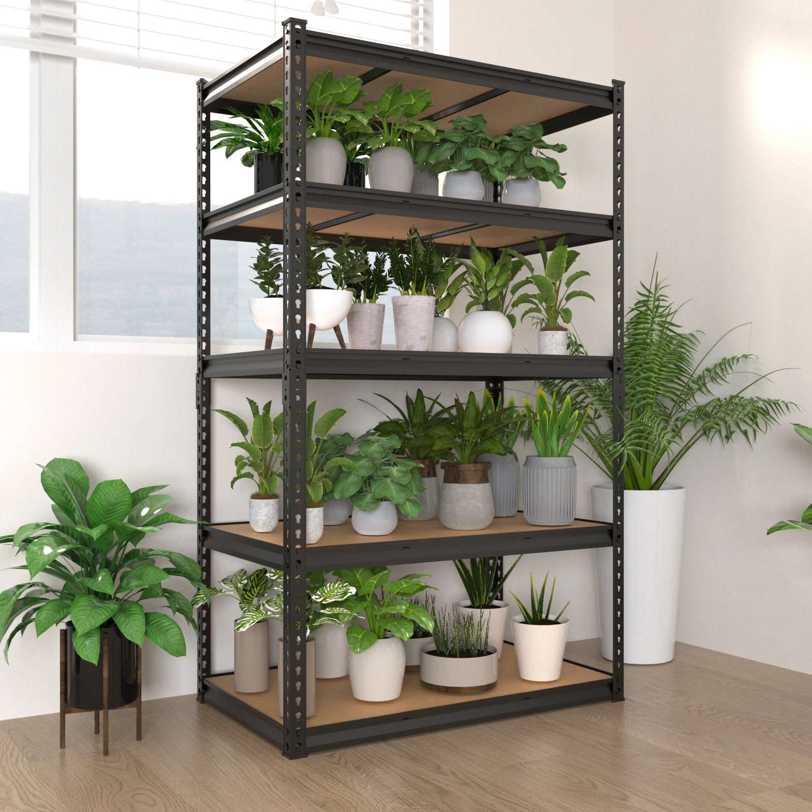 Adjustable Display Stand Black Iron Frame Gourd-Shaped Holes 122x45x184cm Natural Wood MDF Shelves with Rubber Hammer & Gloves