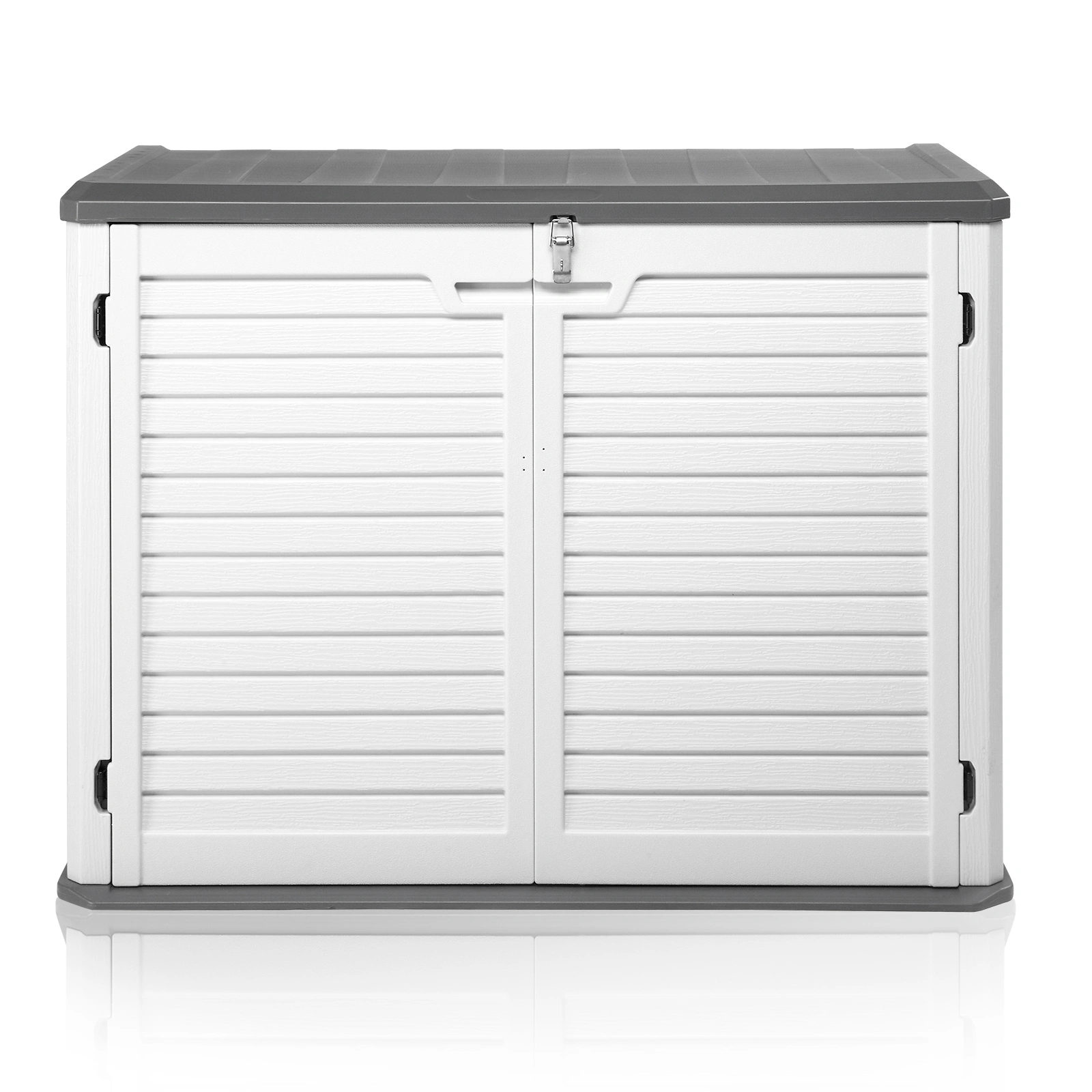 34 Cu Ft Horizontal Outdoor Storage Shed - Lockable Grey & White Garden Cabinet for Tools, Lawn Mower & Garbage Cans