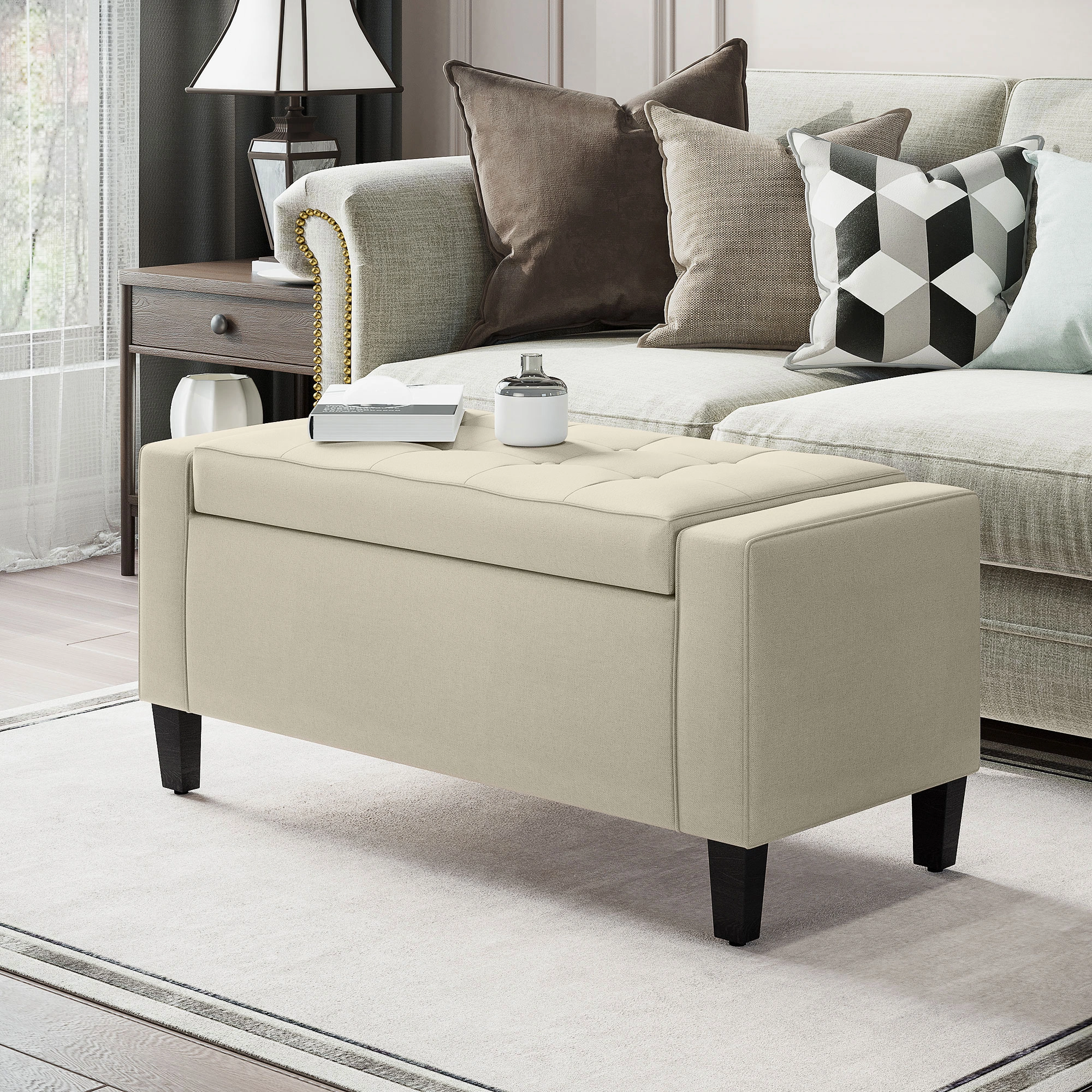 Storage Bench with Cushion Seat, Entryway Shoe Bench with Removable Lid, Fabric Upholstered Organizer
