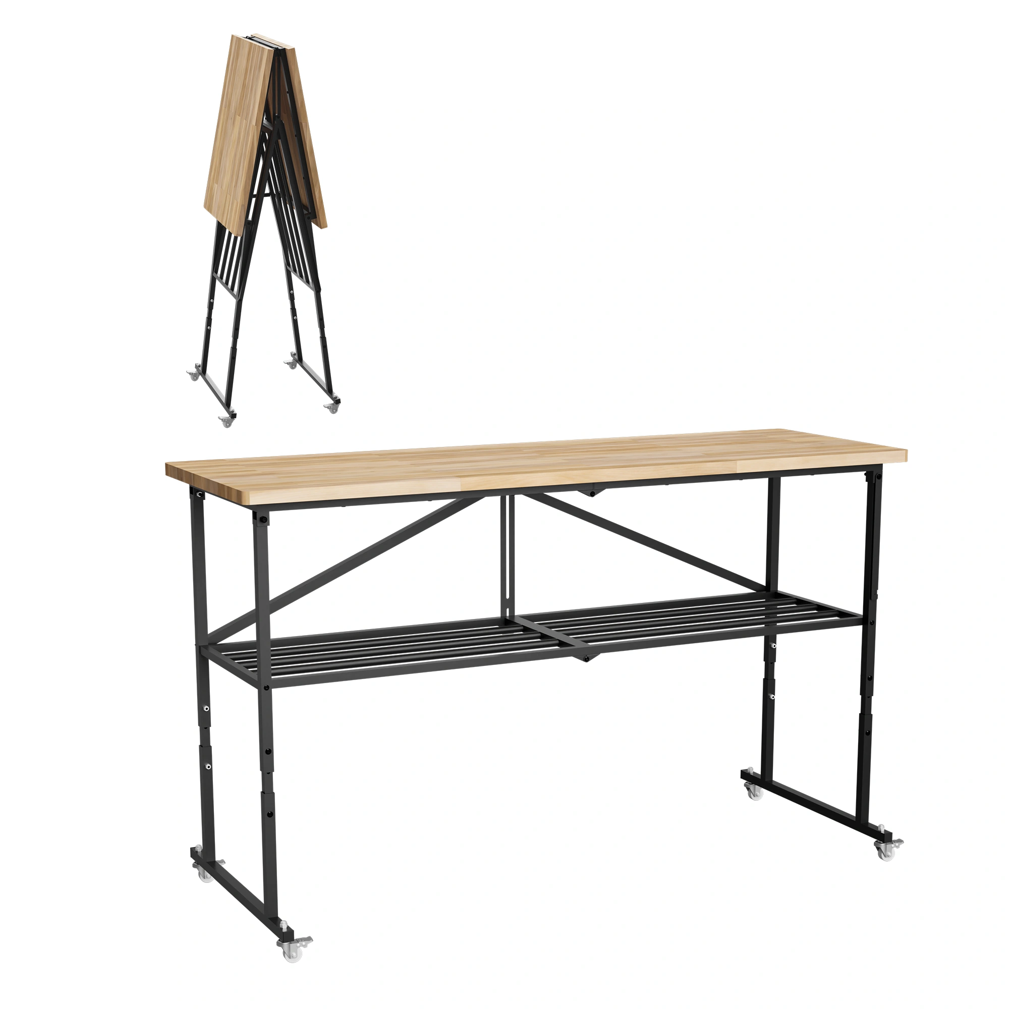 Foldable Hardwood Workbench, Adjustable Utility Table with Locking Casters