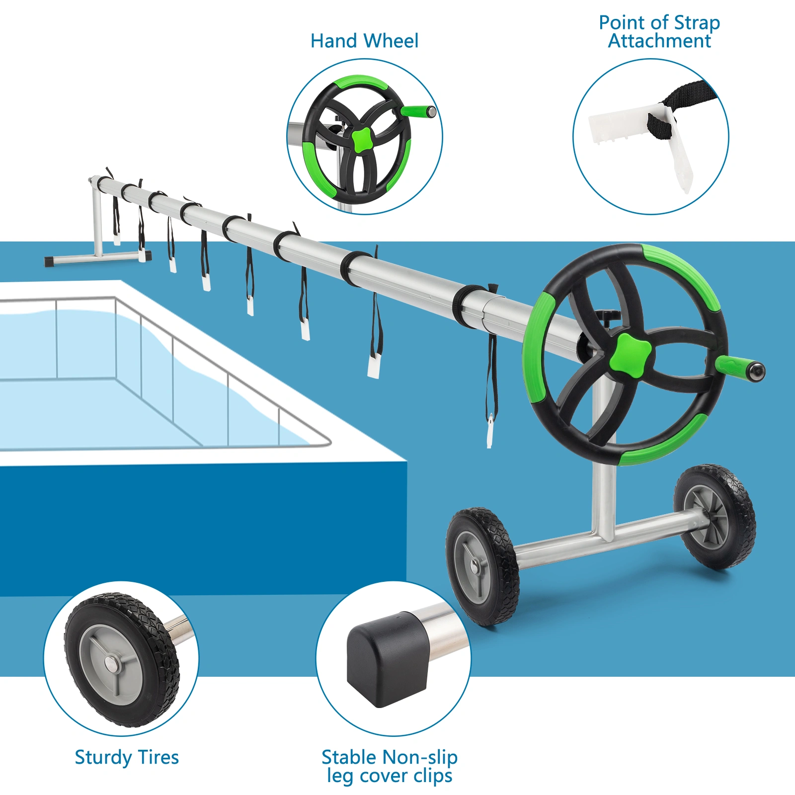 18 Ft Aluminum Pool Cover Reel for Inground Swimming Pools, Solar Thermal Cover Protector view 2