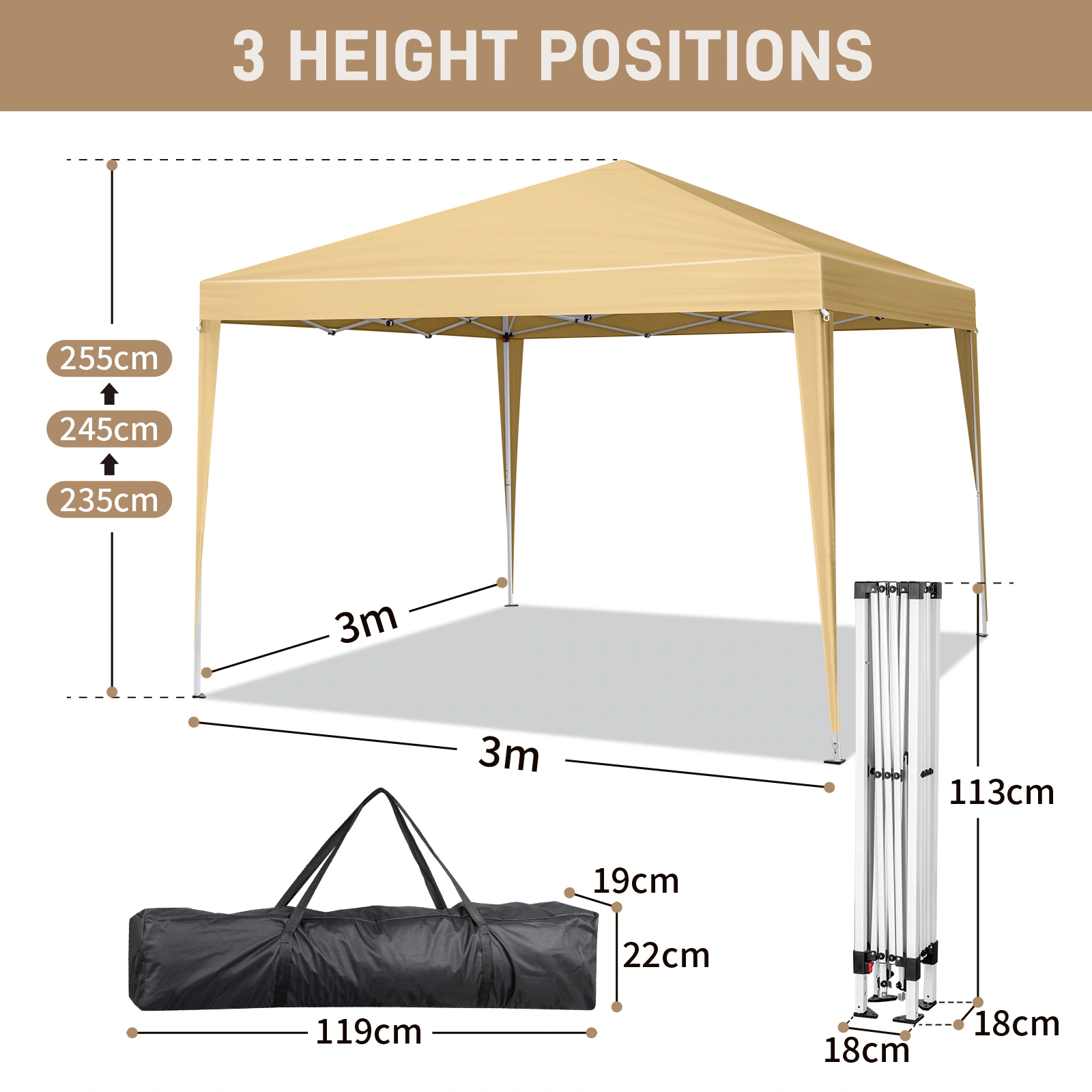 3x3m Practical Waterproof Right-Angle Folding Camping Tent with 2 Doors & 2 Windows - Khaki