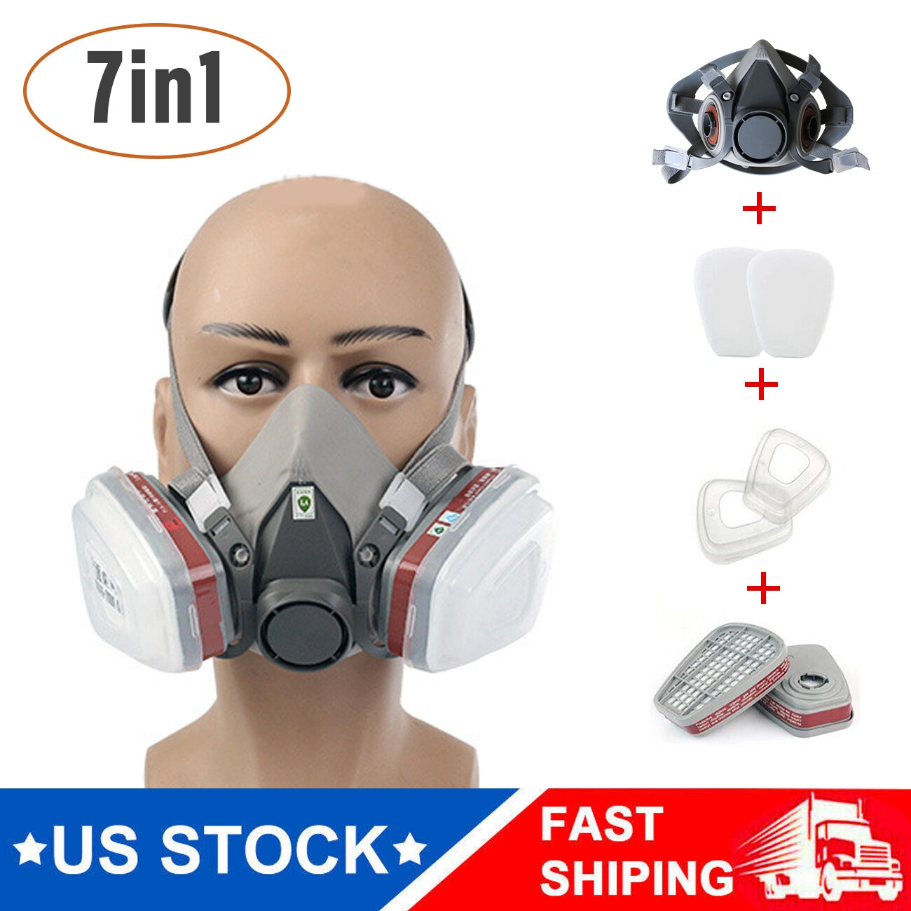 1 Pack 7-in-1 Half Face Mask Respirator with 2 Filters, Not NIOSH Approved - Industrial Safety Facepiece
