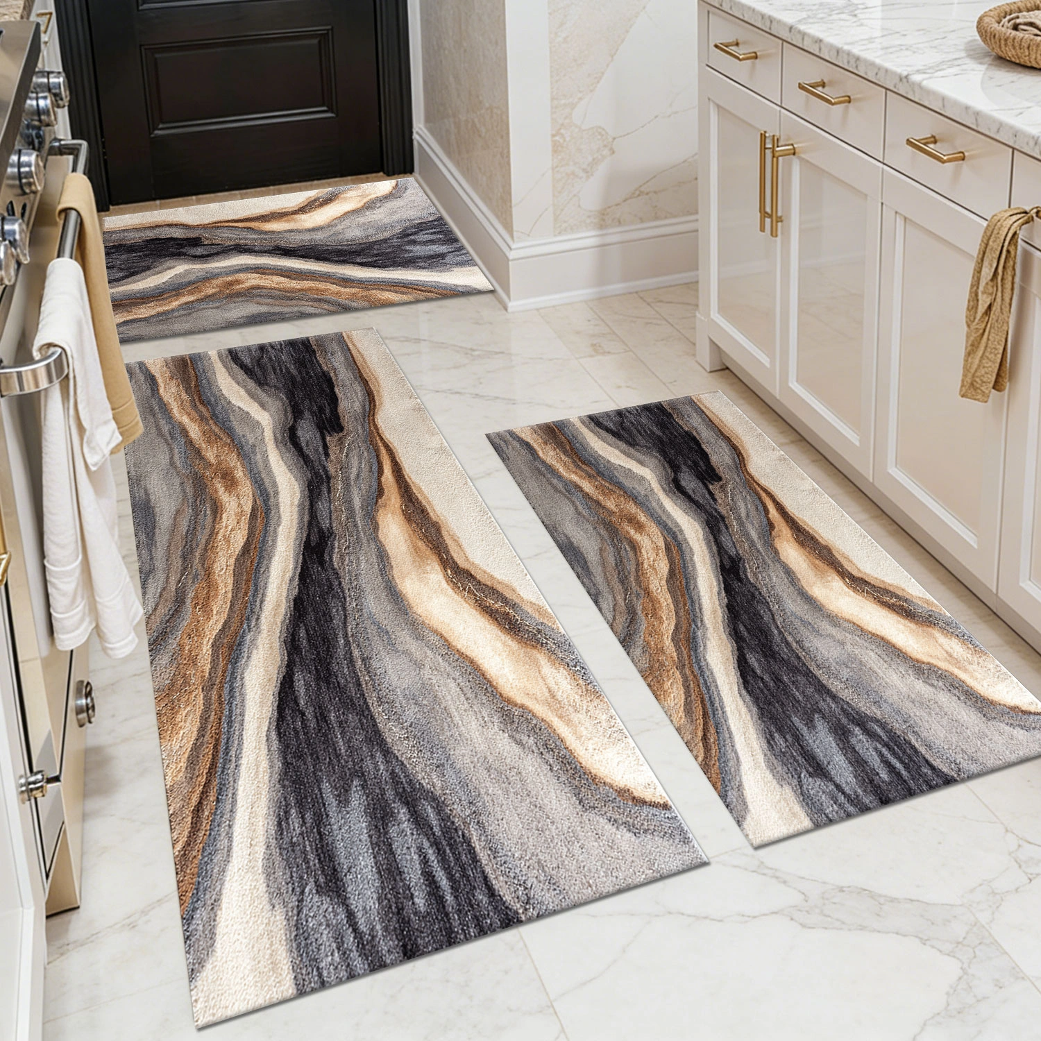3-Piece Non-Slip Kitchen Rugs Set Washable Abstract Pattern Floor Mats Soft Comfortable for Sink Entryway Hallway Bath