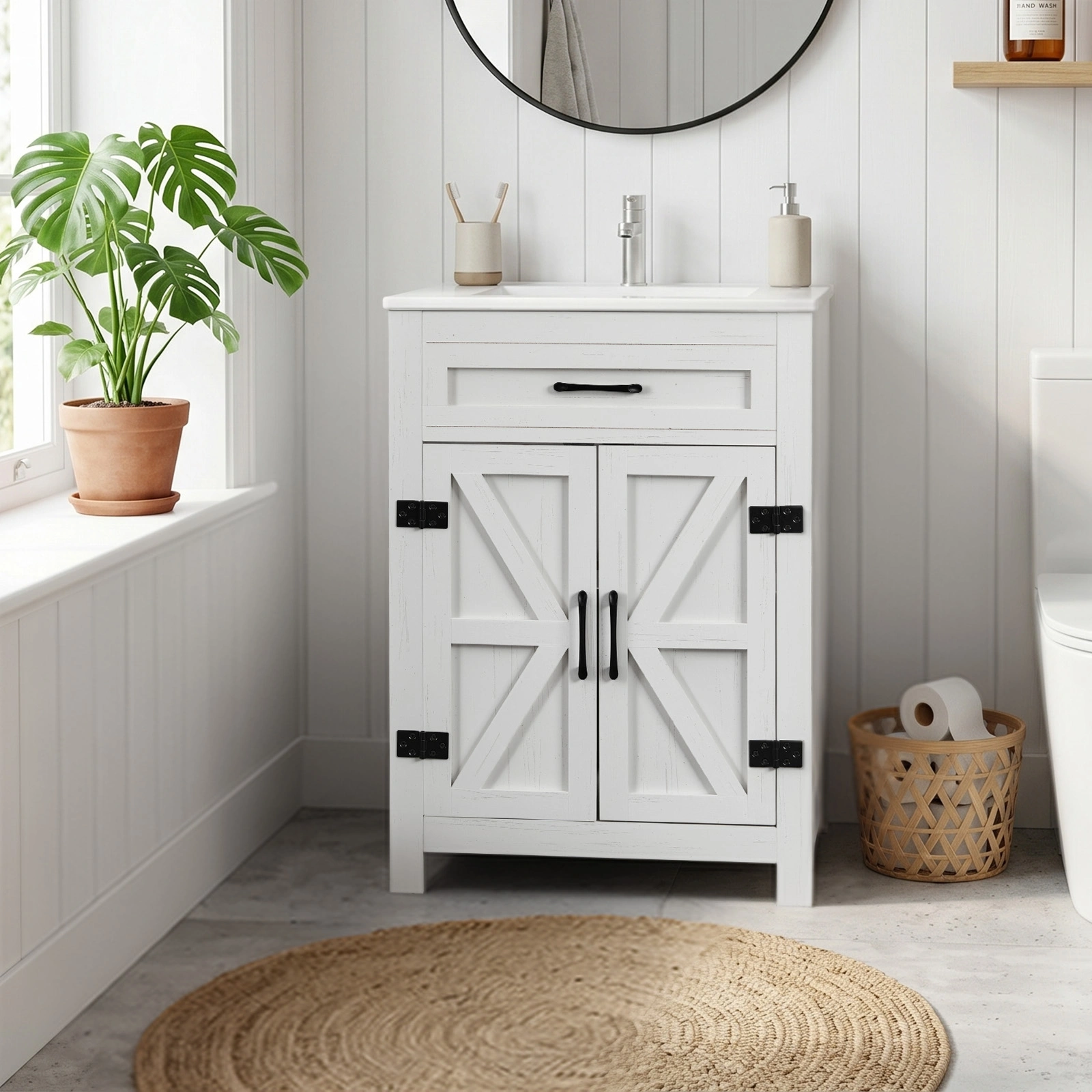 White Washed Particleboard Bathroom Vanity Cabinet with Melamine Veneer, Barn Double Doors, U-Shaped Interior Shelves, Washbasin Stand 24 Inch 61x47x85cm