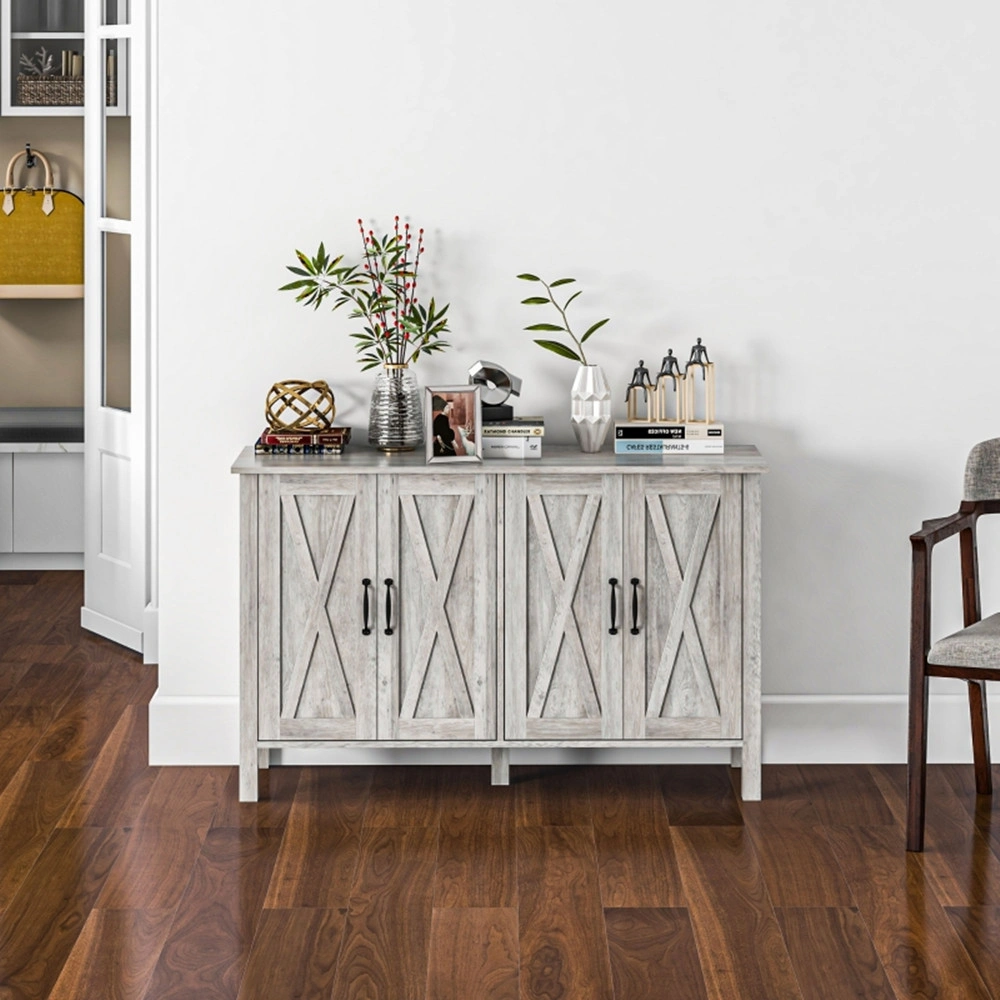 Gray Kitchen Sideboard Buffet Cabinet - 4 Barn Doors, 2 Adjustable Shelves, Home Storage Console