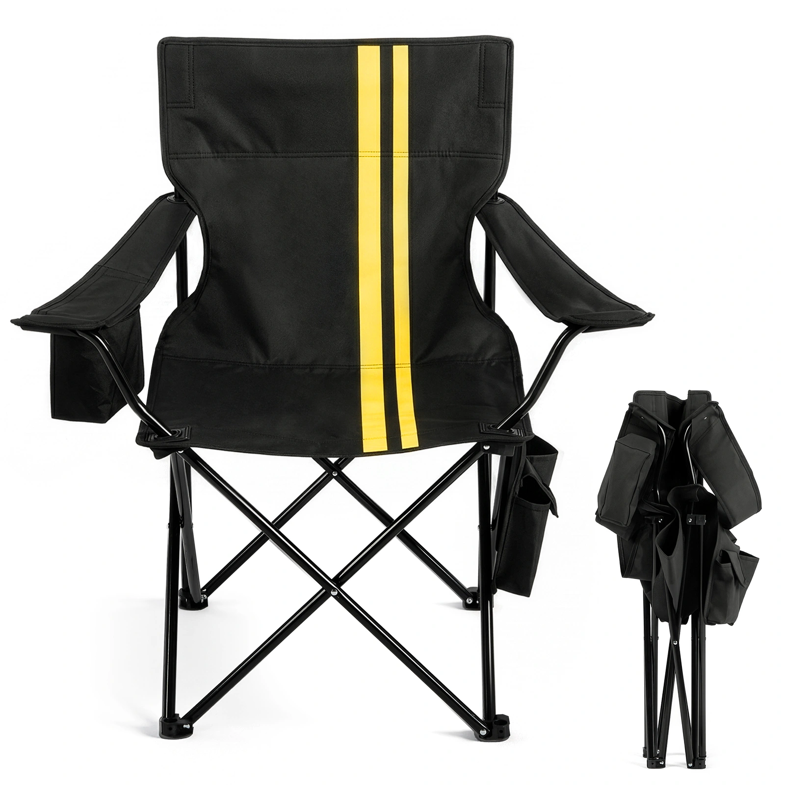 Folding Camping Chair with Cooler Bag, 350LBS Heavy Duty Portable Outdoor Chair w/ Cup Holder, Side Pocket & Carry Bag, 33.7x20.5x33.5 Inch, Black with Yellow Stripes, Beach Picnic Fishing