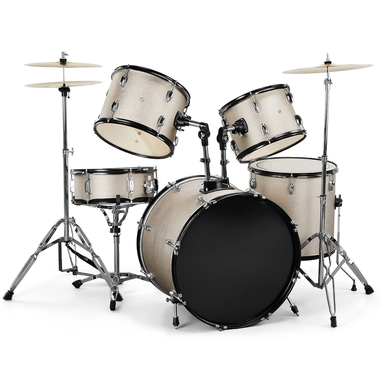 5-Piece Full Size Adult Drum Set Silver - Bass Drum, Snare, 2 Toms, Floor Tom, 16" Ride & 14" Hi-Hat Cymbals, Includes Stool, Pedal, Sticks