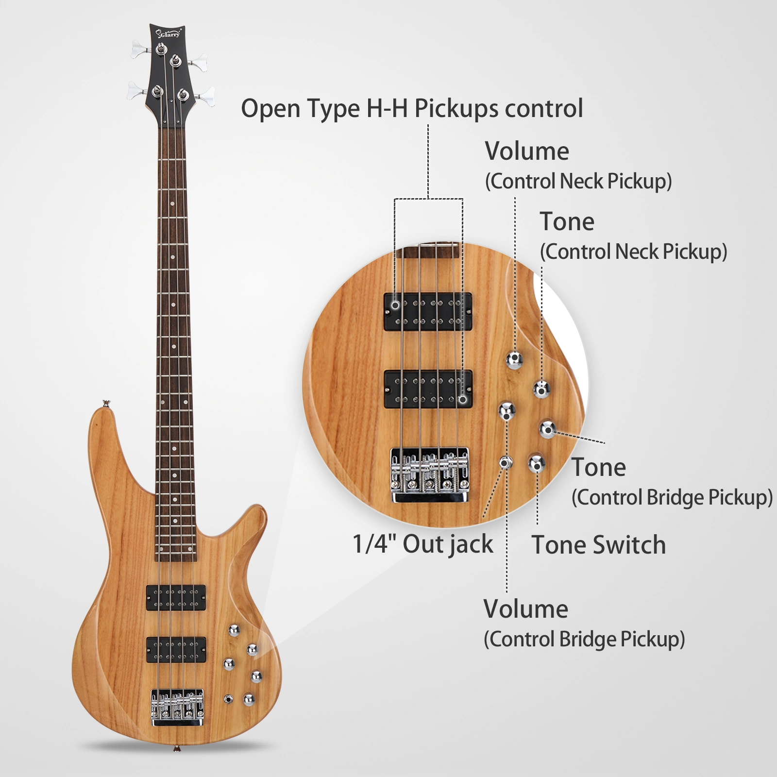 GIB 44 Inch 4-String Electric Bass Guitar HH Pickup Laurel Wood Fingerboard Burlywood w/ Bag & Accessories view 4