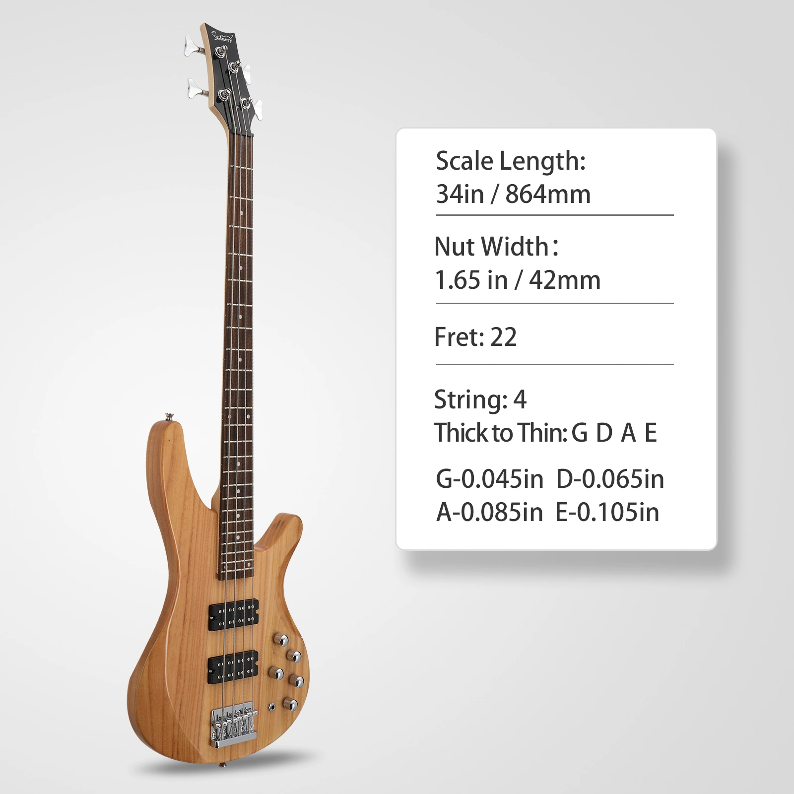 GIB 44 Inch 4-String Electric Bass Guitar HH Pickup Laurel Wood Fingerboard Burlywood w/ Bag & Accessories view 6