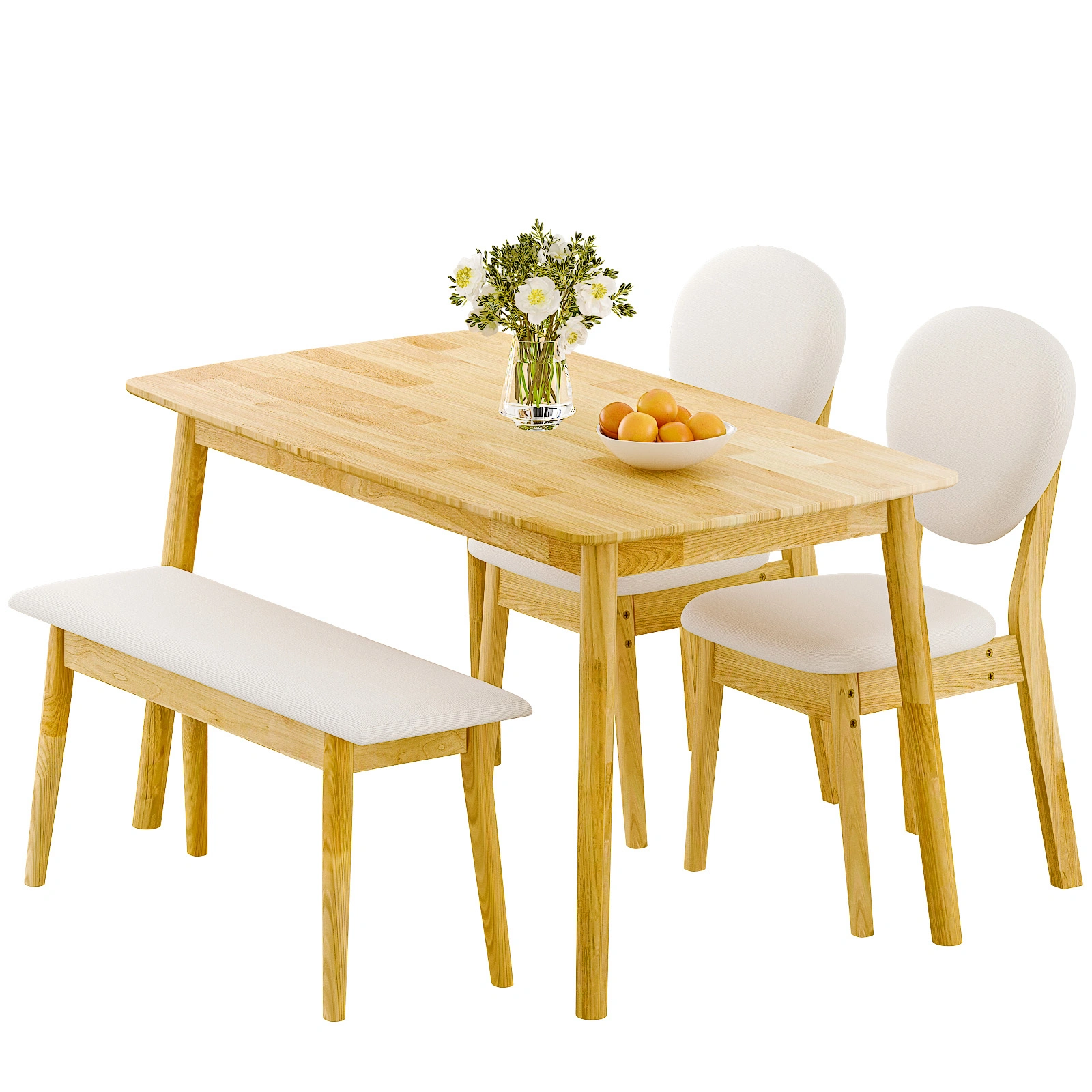 4-Piece Dining Set 1 Table 2 Chairs 1 Bench Rubber Wood Frame Beige Upholstery Natural Wood Finish Rectangular Kitchen