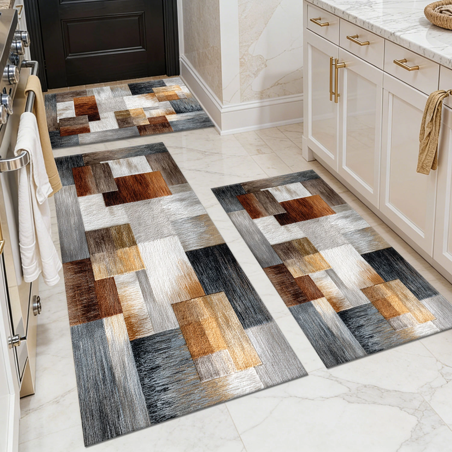 Non-Slip Washable Kitchen Rug Set, 3-Piece Abstract Pattern Floor Mat for Sink, Entrance, Hallway, Bathroom