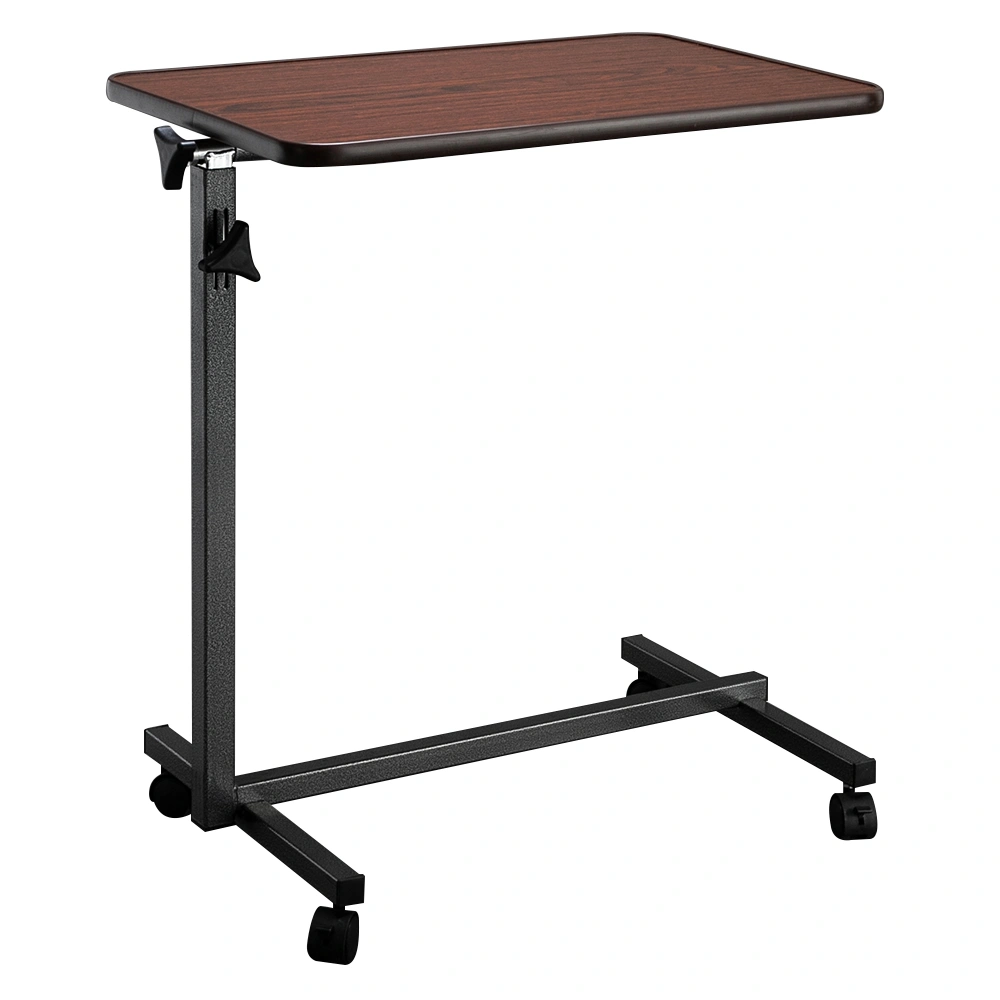 Dark Wood Grain Nightstand, Adjustable Multifunctional Rolling Bedside Table with 4 Wheeler Brakes, MDF & Iron Construction