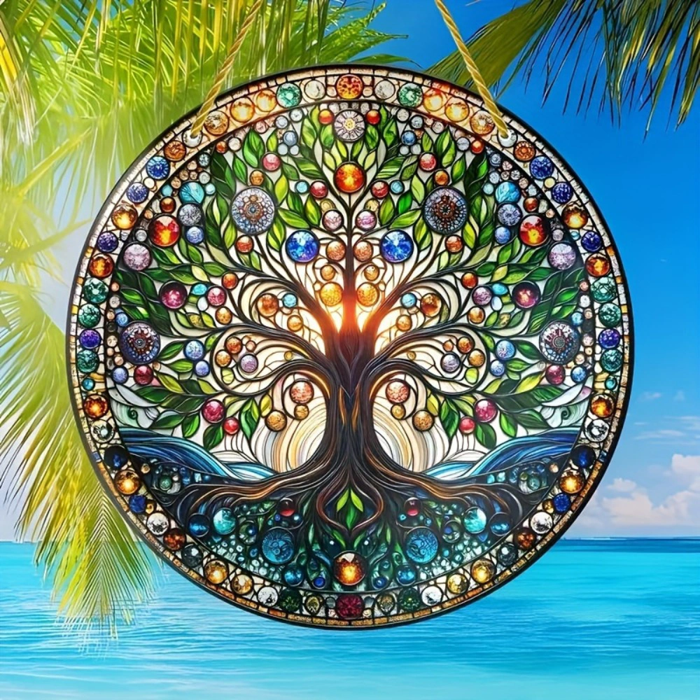 Tree of Life Stained Glass Suncatcher - Colorful Acrylic Wall Hanging Art for Window, Indoor Outdoor Decor, Housewarming Gift