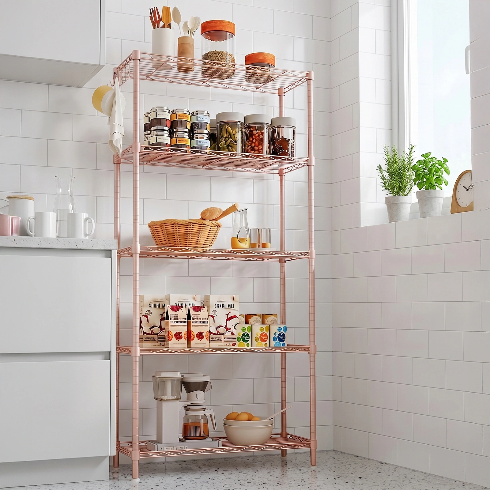 5-Tier Adjustable Display Shelf Rack, Iron Metal with Pin-Type Deformable Structure & Adjustable Feet, High-Gloss Powder Coated, 54x29x150cm