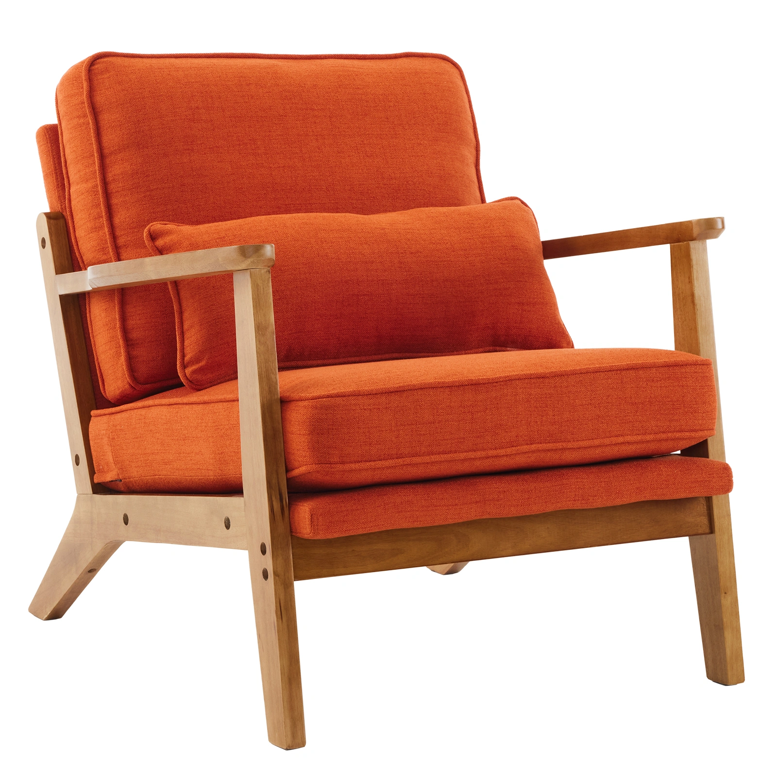 Mid-Century Modern Accent Chair with Oak Wooden Frame, Burnt Orange Linen-Cotton Upholstery Single Seater Lounge Chair 330LBS Weight Capacity