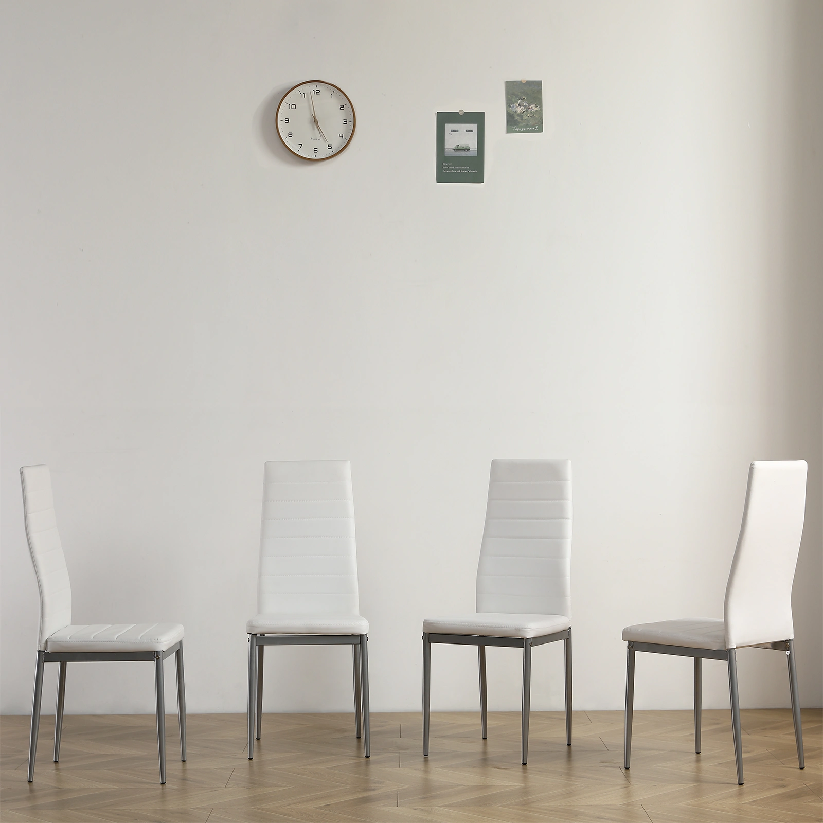 4pcs Dining Chair Backrest Cushion, PU Leather, Horizontal Tufted, Round Tube White, Gray Leg, Model N201