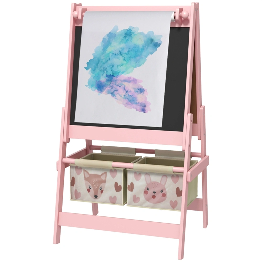 Kids Art Easel, Double-Sided Drawing Board with Paper Roll, Adjustable Height, Sturdy Wooden Craft Station for Toddlers & Children