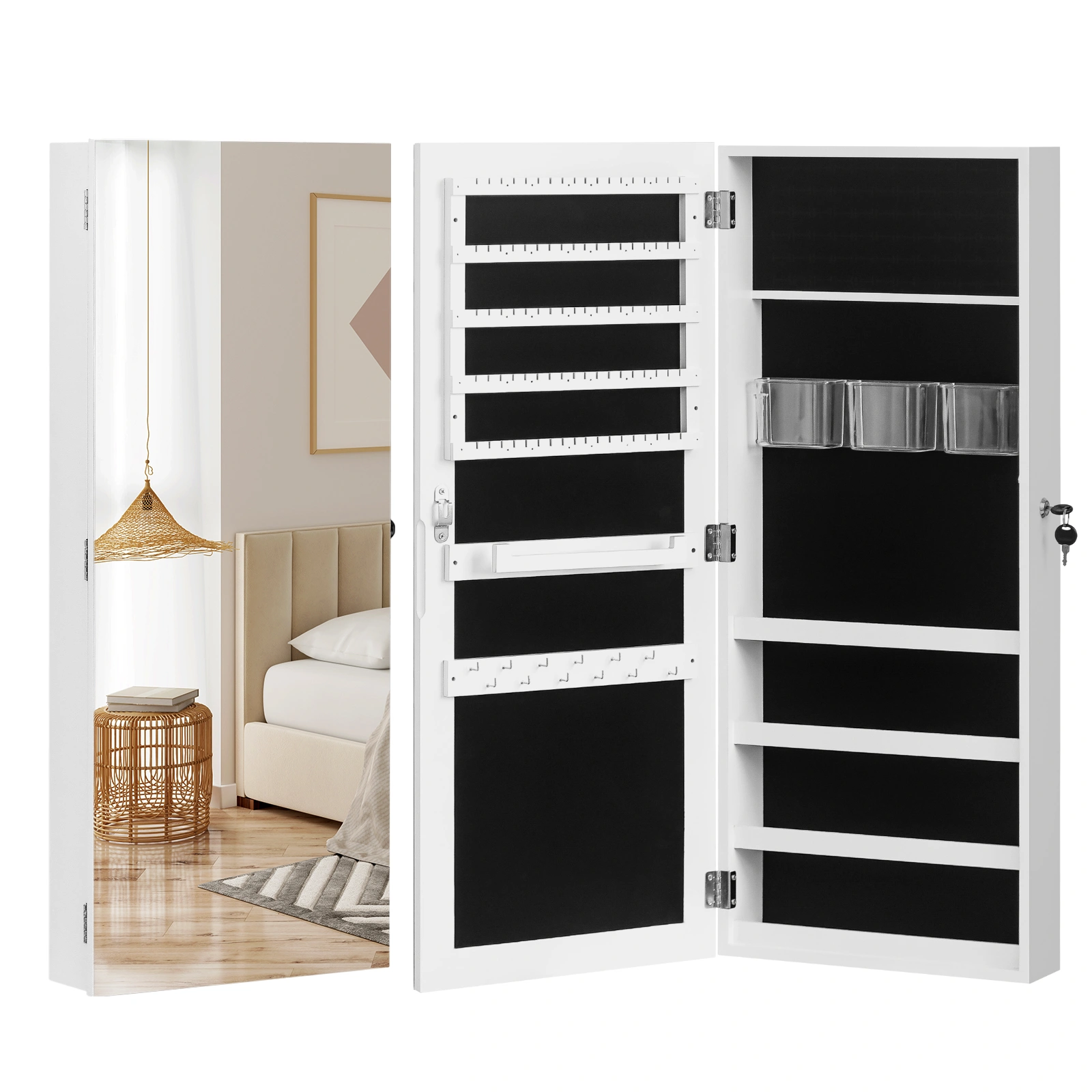Full Surface PVC Film Wall Door Jewelry Cabinet with Lock, Fitting Mirror Cabinet Hanging