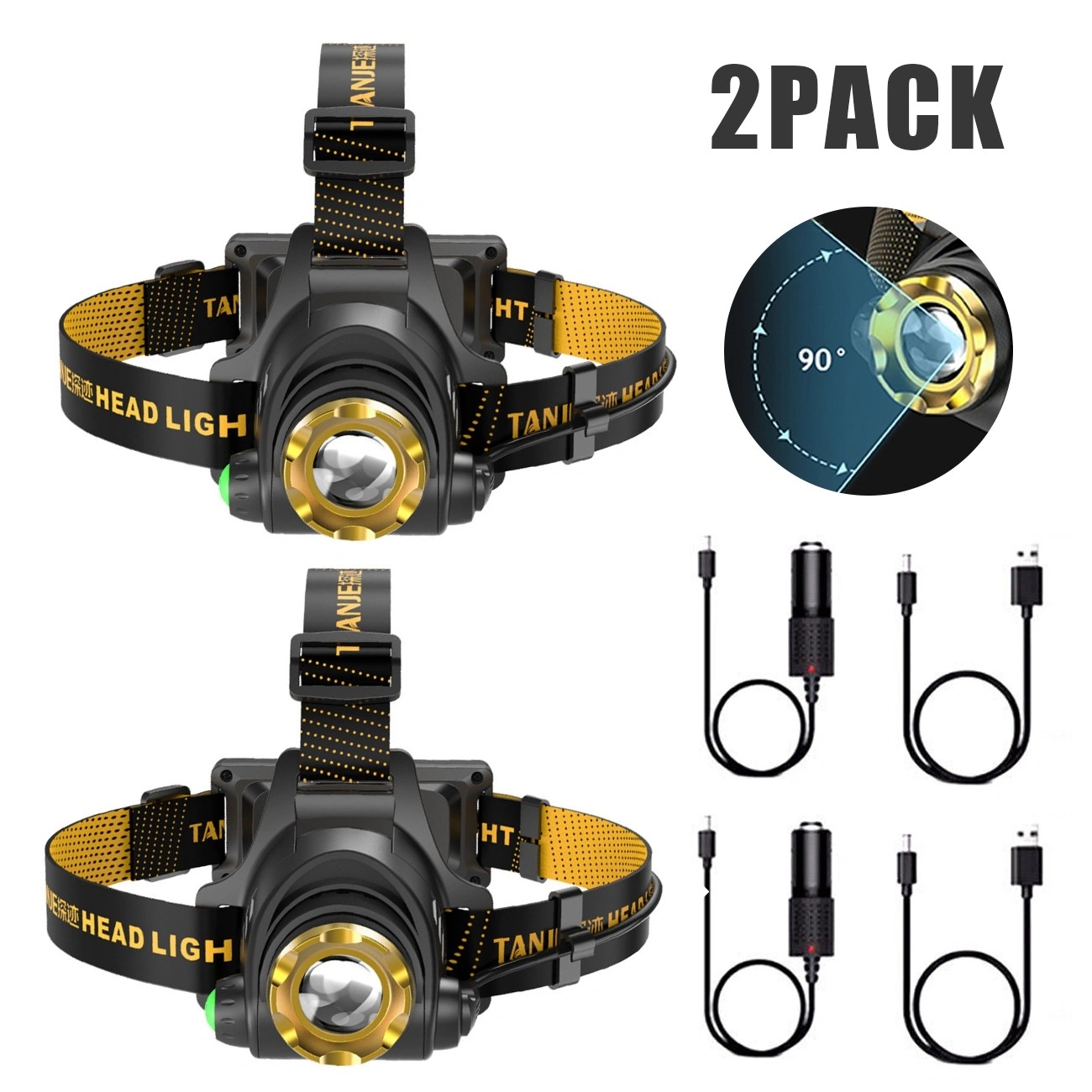 2 Pack USB Rechargeable LED Headlamp, 3 Modes Adjustable Headlight with Car Charger & USB Cable for Camping Hiking