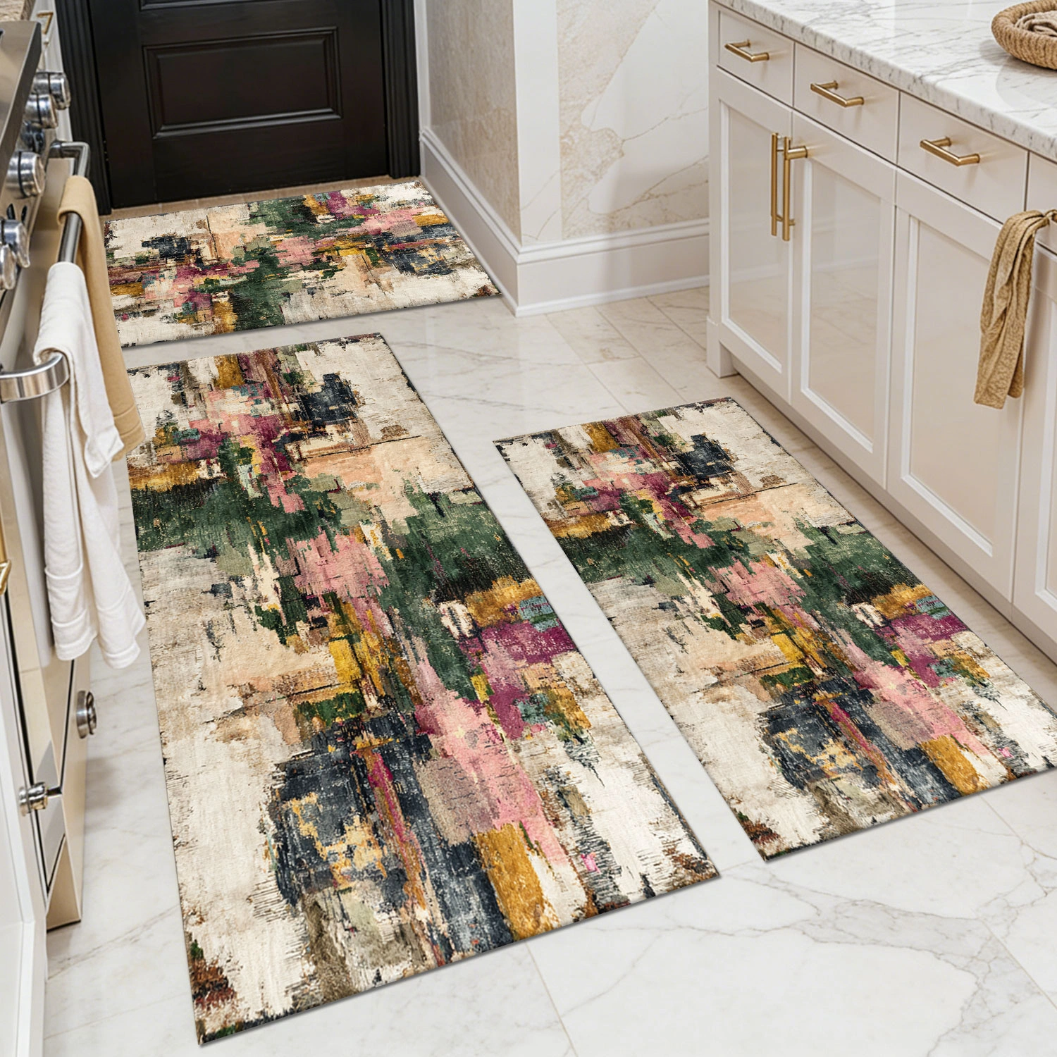 3-Piece Kitchen Rug Set Non-Slip Washable Abstract Pattern Floor Mat Soft Comfortable for Sink Entryway Hallway Bathroom