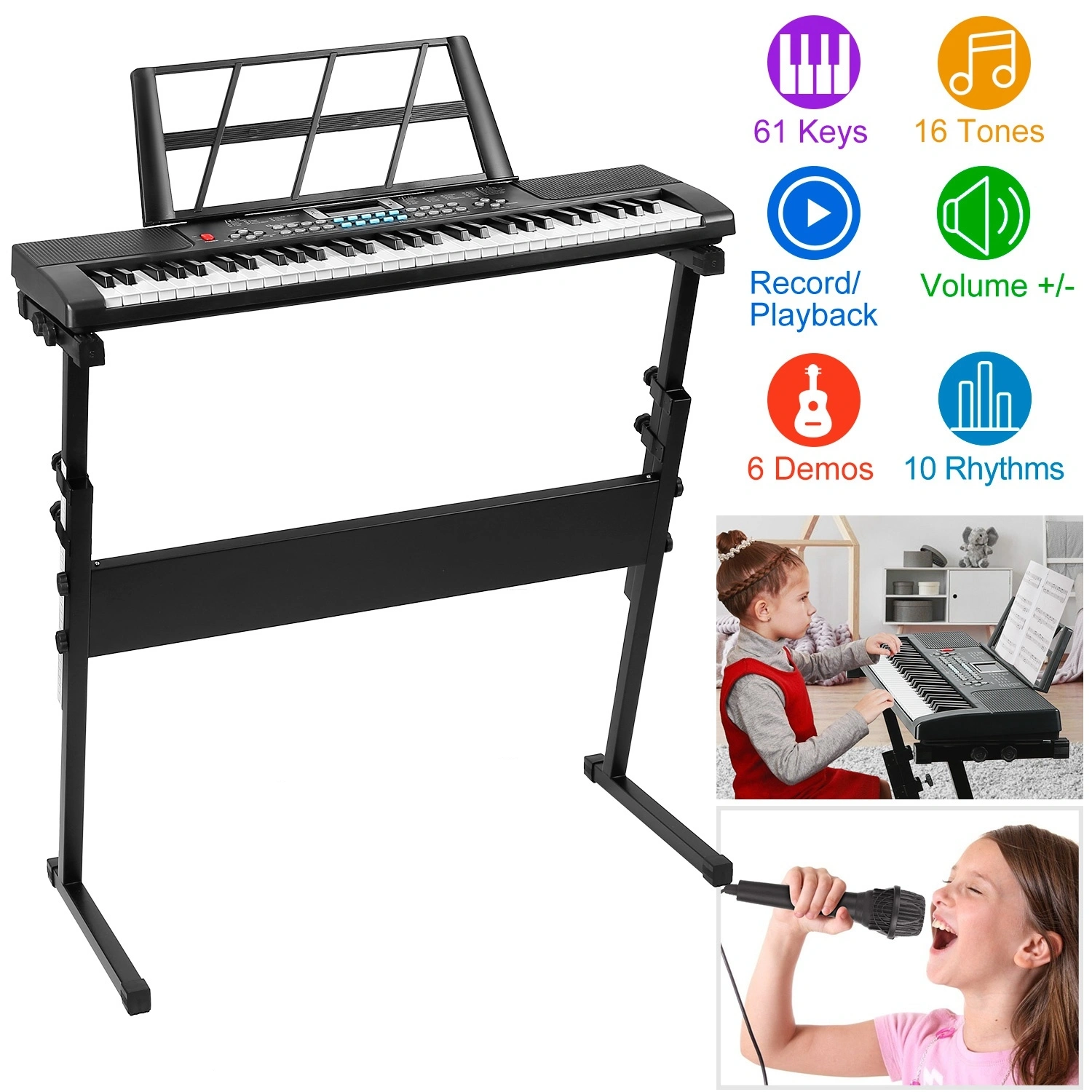 61 Key Kids Piano Toy Electronic Keyboard with Adjustable Stand & Microphone, 16 Tones 10 Rhythms Recording HD Screen Educational Gift