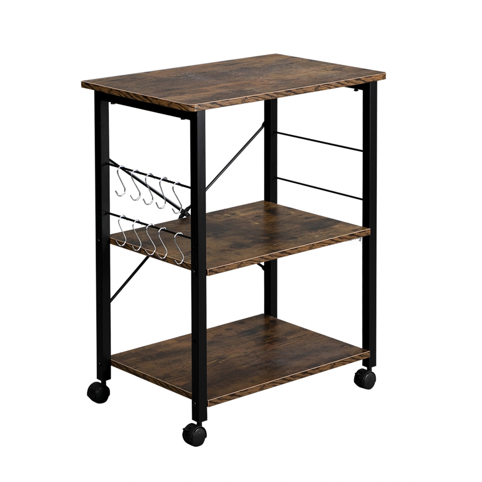 3-Tier Baker's Rack Kitchen Utility Microwave Oven Stand, Vintage Wood Shelf Cart with Black Metal Frame