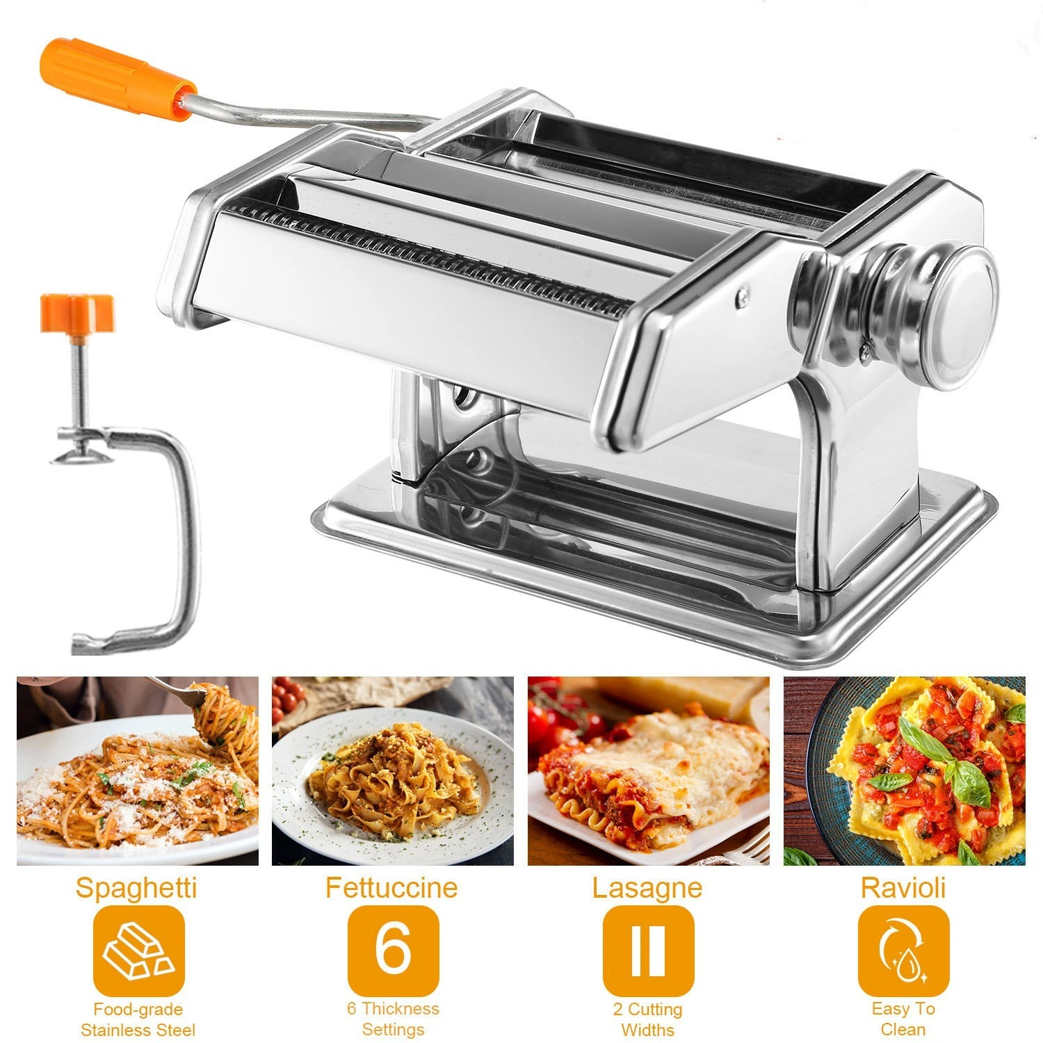 Pasta Maker Machine 180 Roller, 9 Adjustable Thickness Settings, 2-in-1 Noodle Maker with Rollers & Cutter for Spaghetti Fettuccini Lasagna Dumpling Skin - Silver