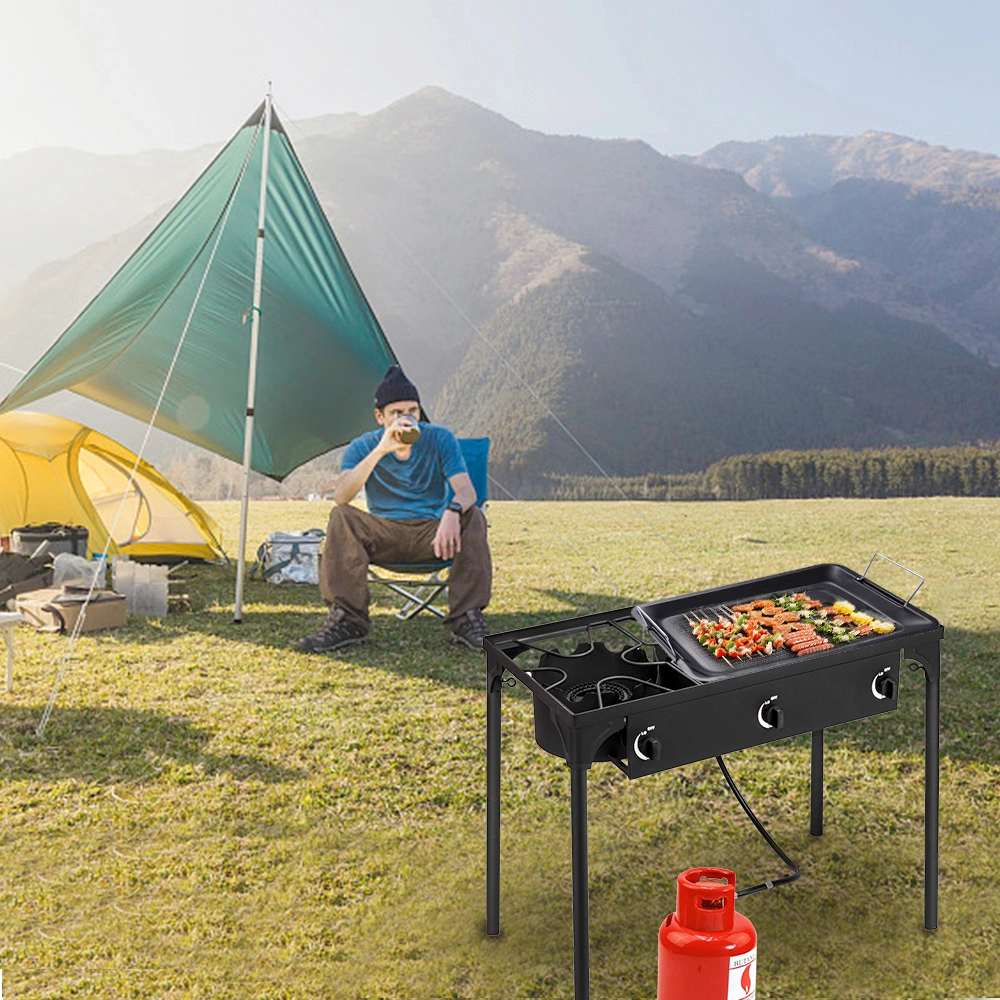 Portable Cast Iron Propane Camp Stove - 225000 BTU High Pressure Three Burner Outdoor Patio Cooking view 11