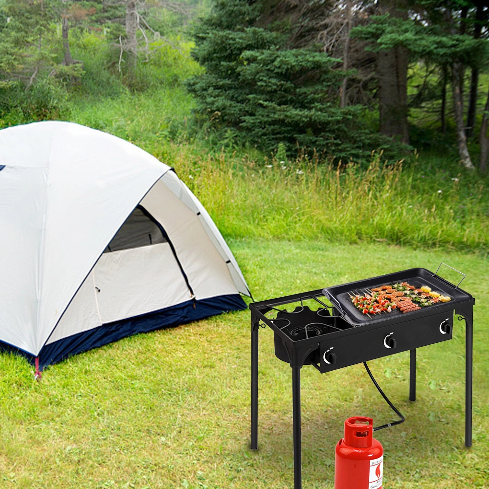 Portable Cast Iron Propane Camp Stove - 225000 BTU High Pressure Three Burner Outdoor Patio Cooking view 12