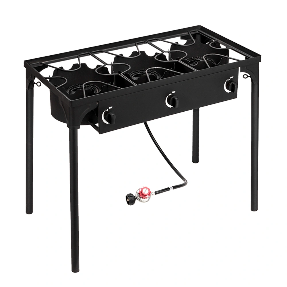 Portable Cast Iron Propane Camp Stove - 225000 BTU High Pressure Three Burner Outdoor Patio Cooking view 2