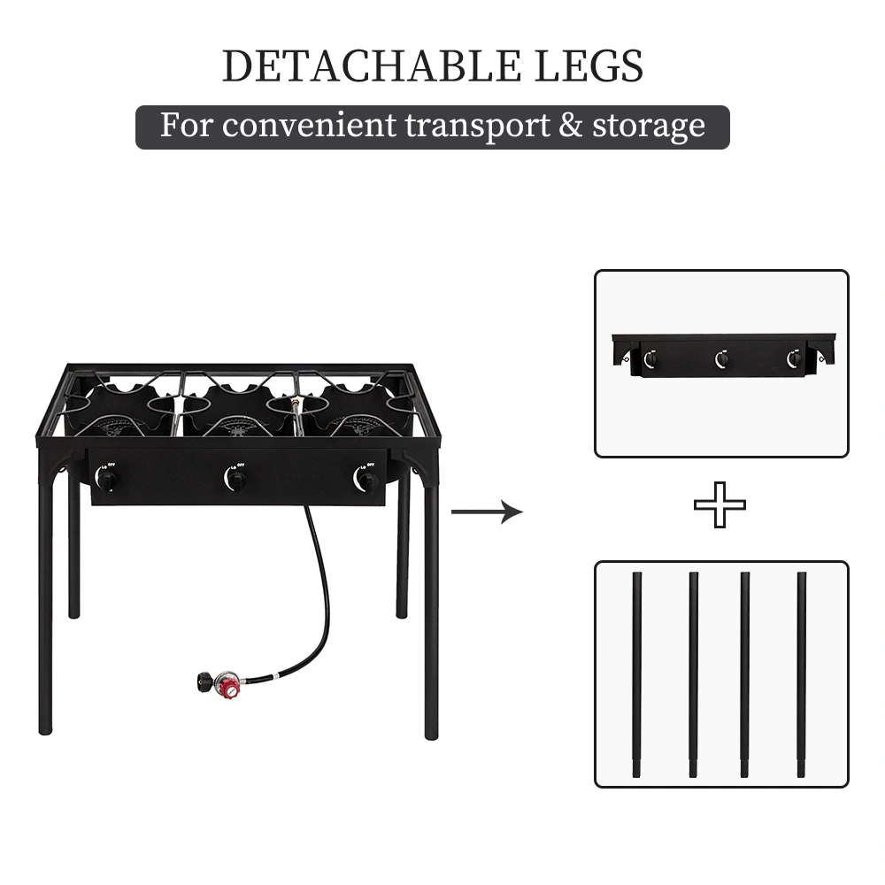 Portable Cast Iron Propane Camp Stove - 225000 BTU High Pressure Three Burner Outdoor Patio Cooking view 3