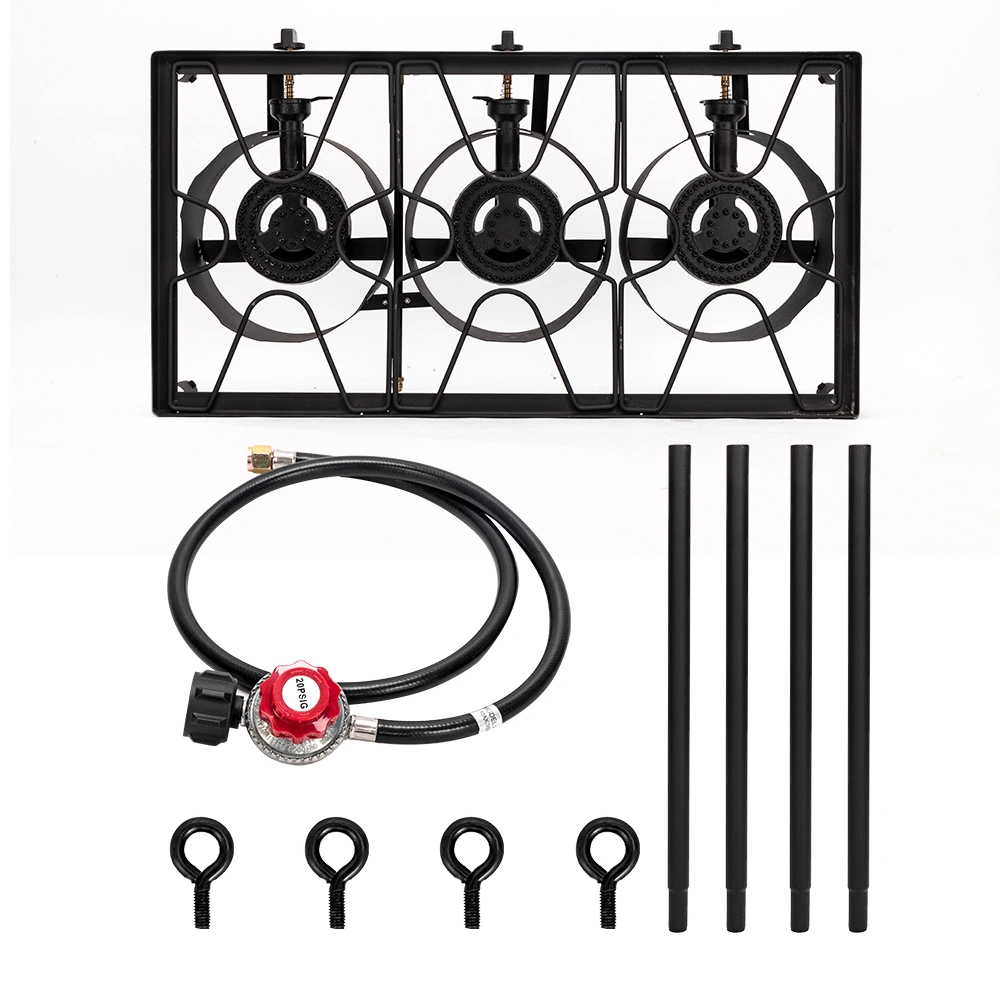 Portable Cast Iron Propane Camp Stove - 225000 BTU High Pressure Three Burner Outdoor Patio Cooking view 6
