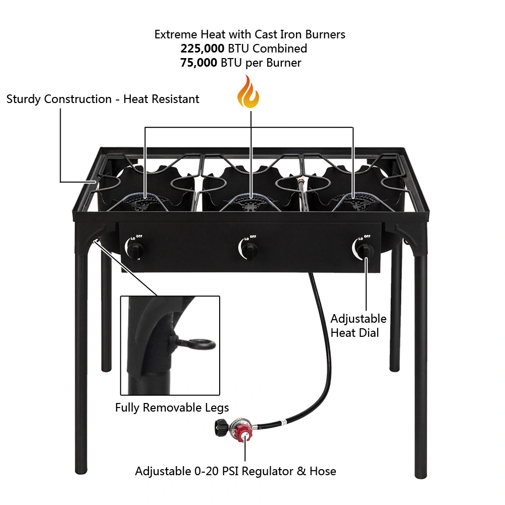 Portable Cast Iron Propane Camp Stove - 225000 BTU High Pressure Three Burner Outdoor Patio Cooking view 7