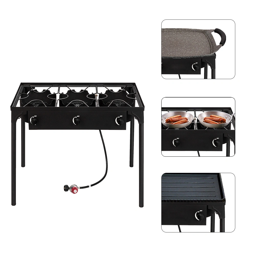 Portable Cast Iron Propane Camp Stove - 225000 BTU High Pressure Three Burner Outdoor Patio Cooking view 9