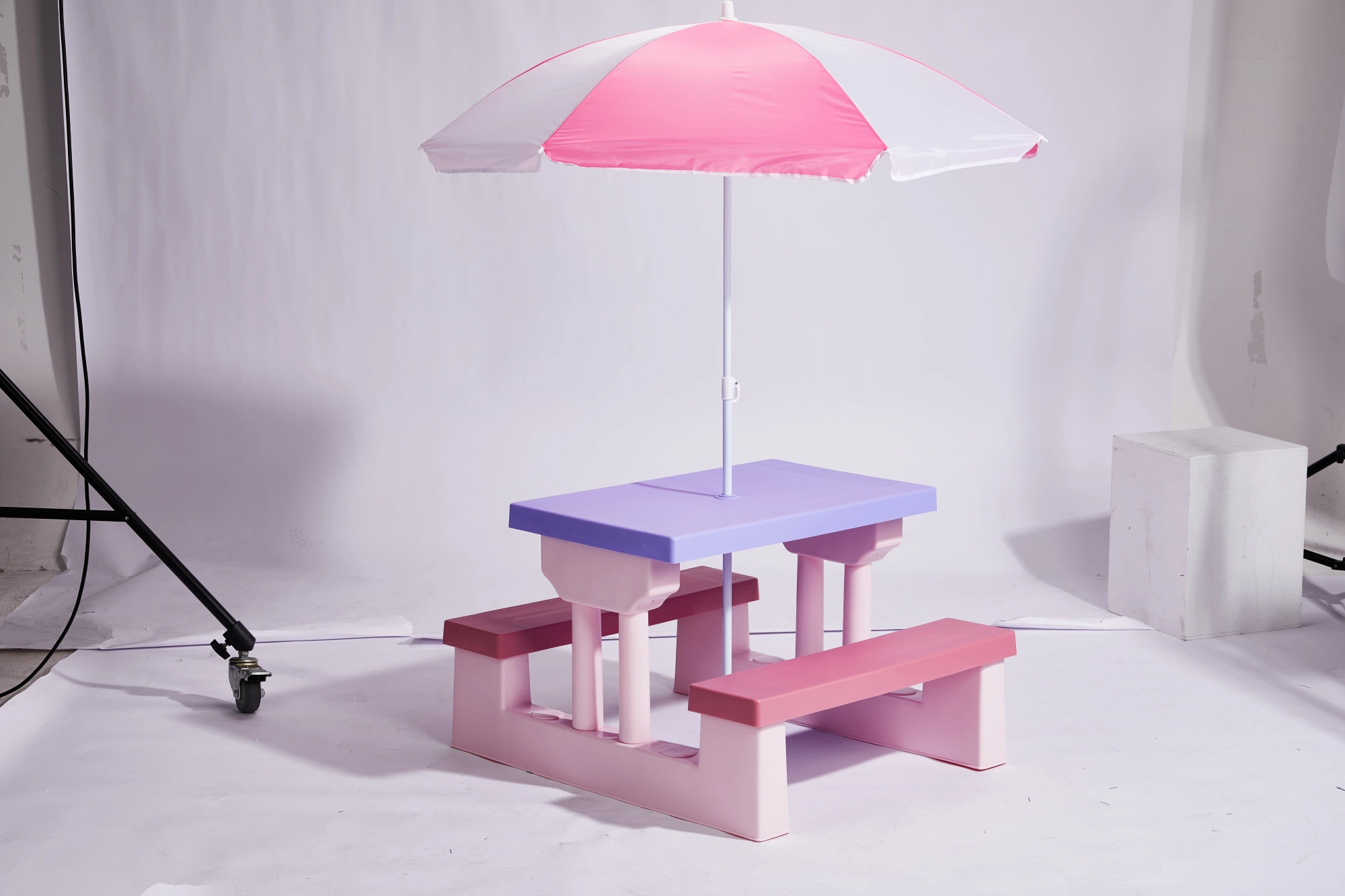 Kids Outdoor Table and Chair Sets with Removable Umbrella, Kids Picnic Table for Backyard Garden Patio, Pink & Purple view 12