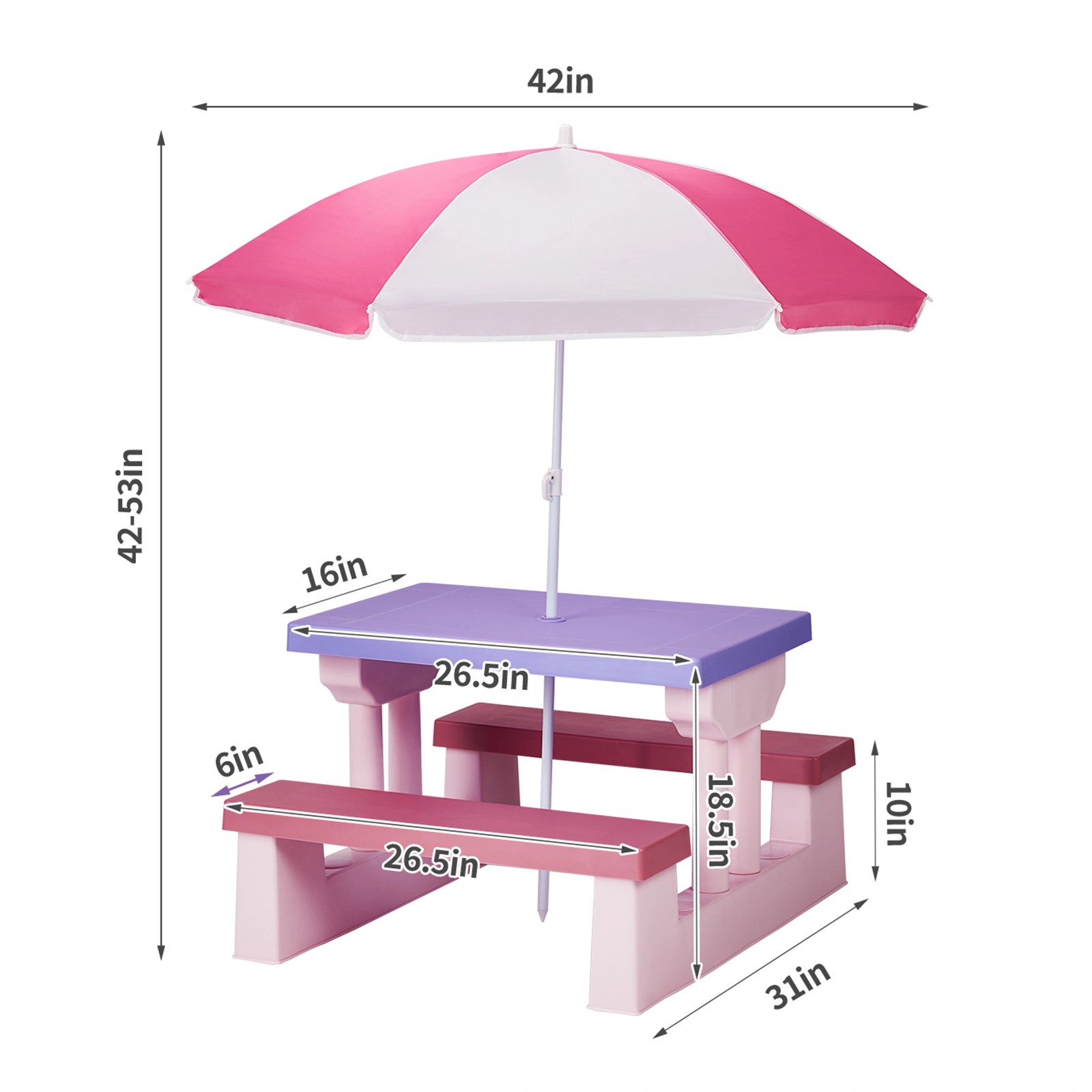 Kids Outdoor Table and Chair Sets with Removable Umbrella, Kids Picnic Table for Backyard Garden Patio, Pink & Purple view 6