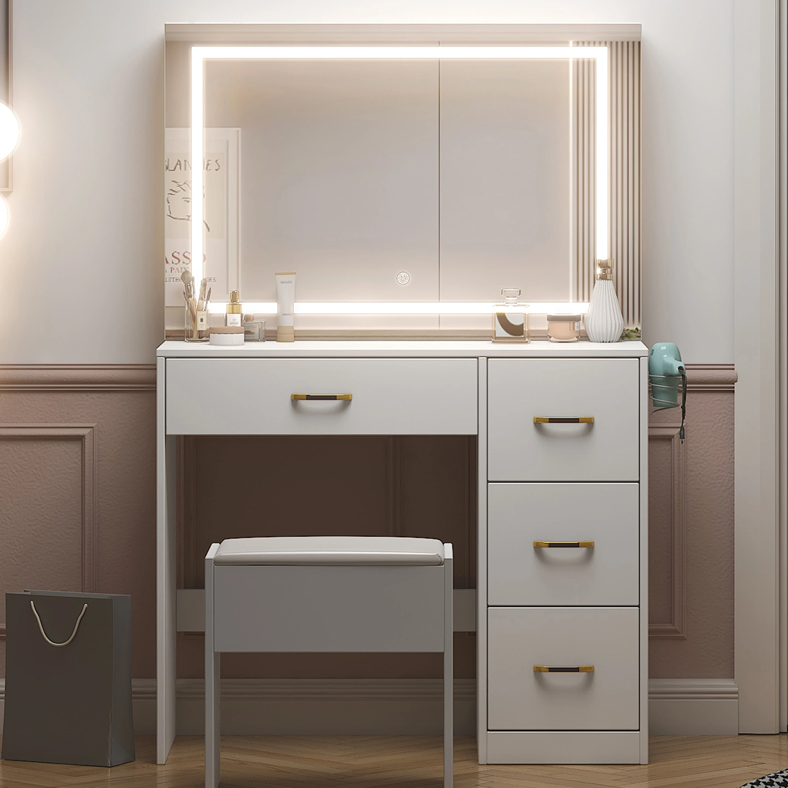 White Dressing Table Set, 4 Drawers, 2 Side Storage Racks, LED Touch Mirror, Power Strip, Hair Dryer Holder, Hemp Surface Particle Board