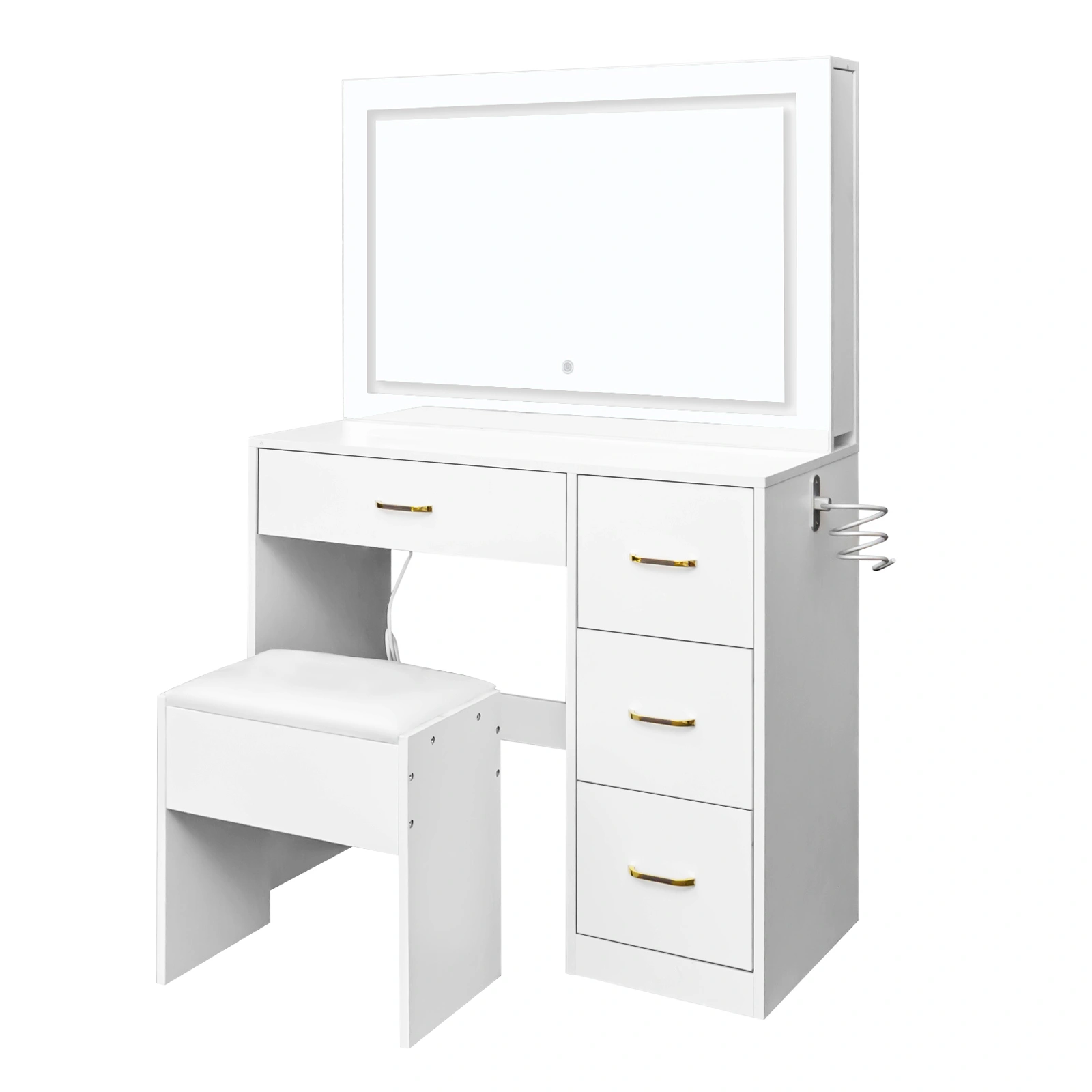 White Dressing Table Set, 4 Drawers, 2 Side Storage Racks, LED Touch Mirror, Power Strip, Hair Dryer Holder, Hemp Surface Particle Board view 2