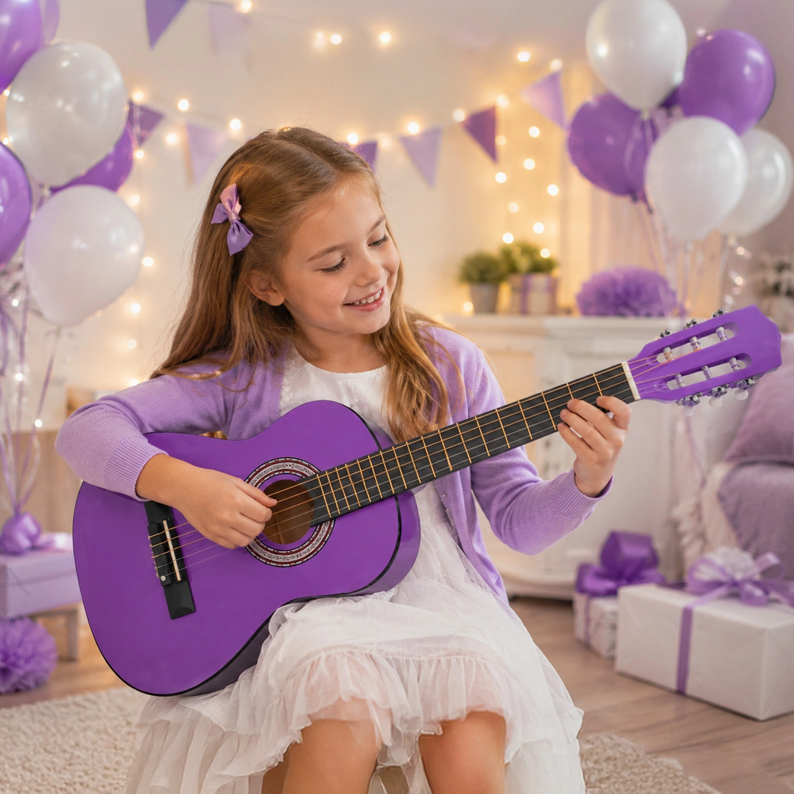 Purple 30 Inch Round Acoustic Guitar with Picks Strings Capo Case Tuner Strap Bundle view 8