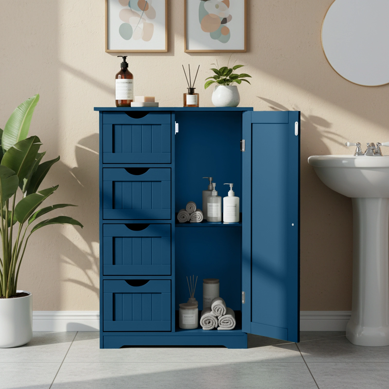 Navy Blue 4-Drawer 1-Door Bathroom Vanity Cabinet 56x30x82.5cm MDF Vertical Stripes Paint Finish Melamine Veneer
