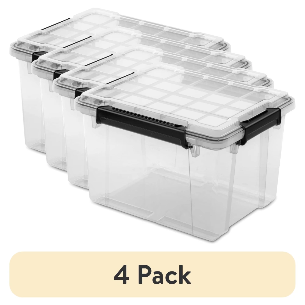 (4 pack) 34 Quart WaterProof Clear Plastic Storage Bin with Lid, Gasket Seal and Durable Latches, Black(Shipment from Walmart)
