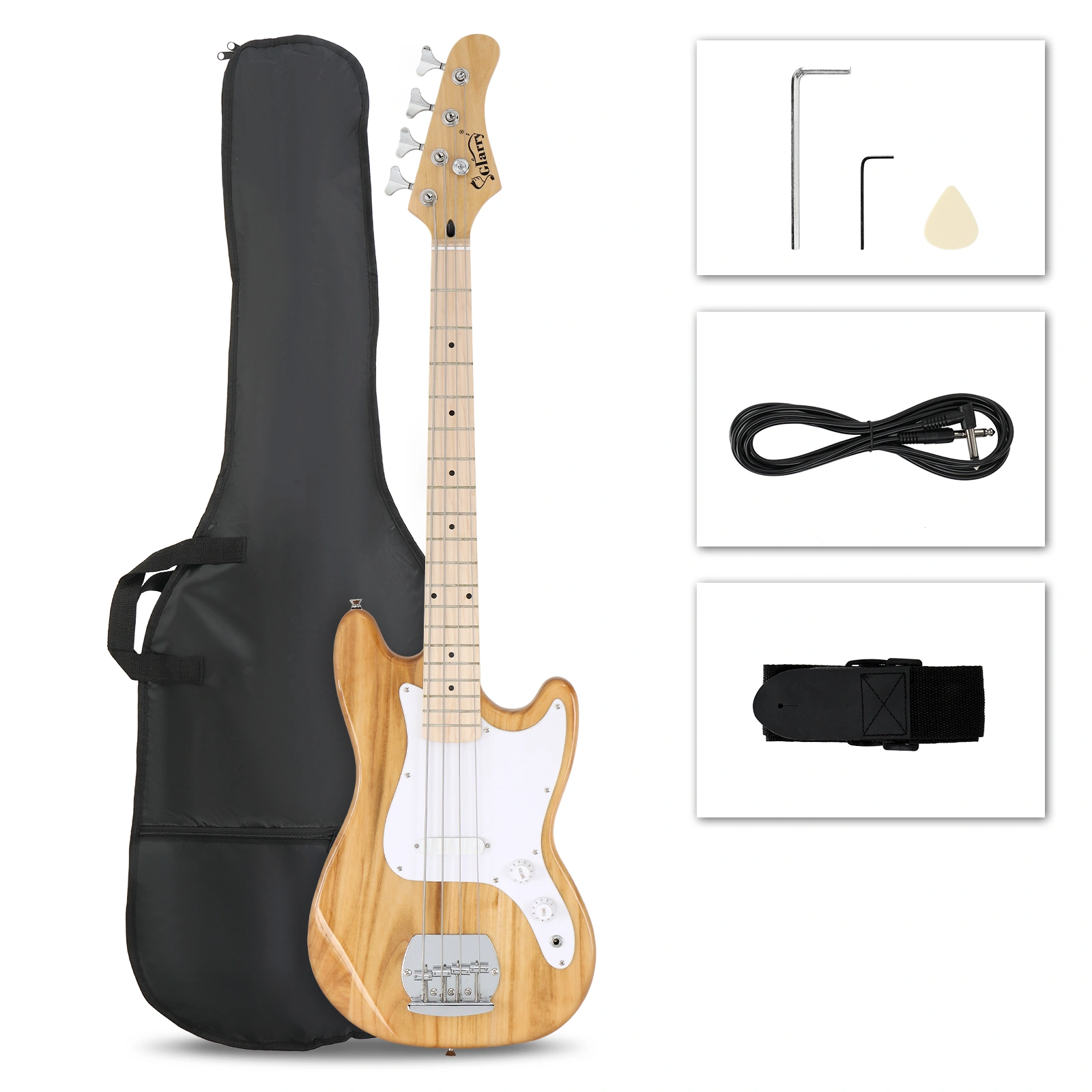 4 String 30in Short Scale Electric Bass Guitar - Thin Body, Burlywood, with Bag, Strap, Connector, Wrench