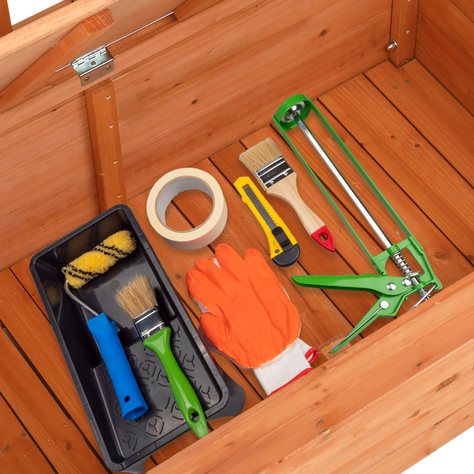 112x58x84cm Cedar Outdoor Storage Box Bench with Backrest & Armrest, Waterproof Yard Seat in Bright Orange/Red view 10