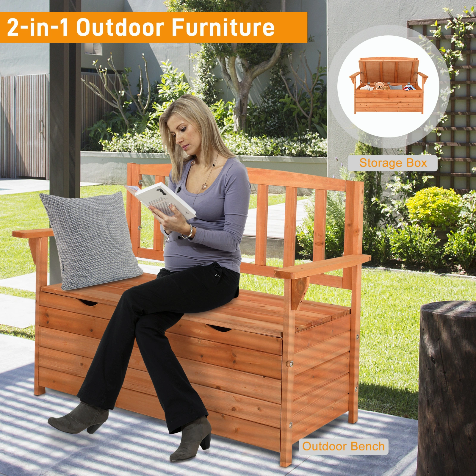 112x58x84cm Cedar Outdoor Storage Box Bench with Backrest & Armrest, Waterproof Yard Seat in Bright Orange/Red view 11
