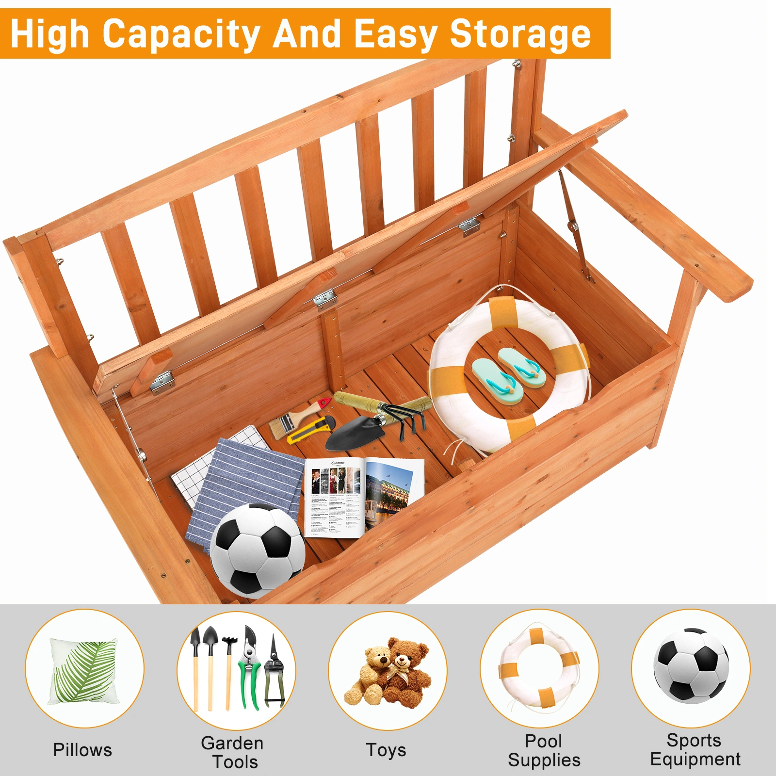 112x58x84cm Cedar Outdoor Storage Box Bench with Backrest & Armrest, Waterproof Yard Seat in Bright Orange/Red view 13